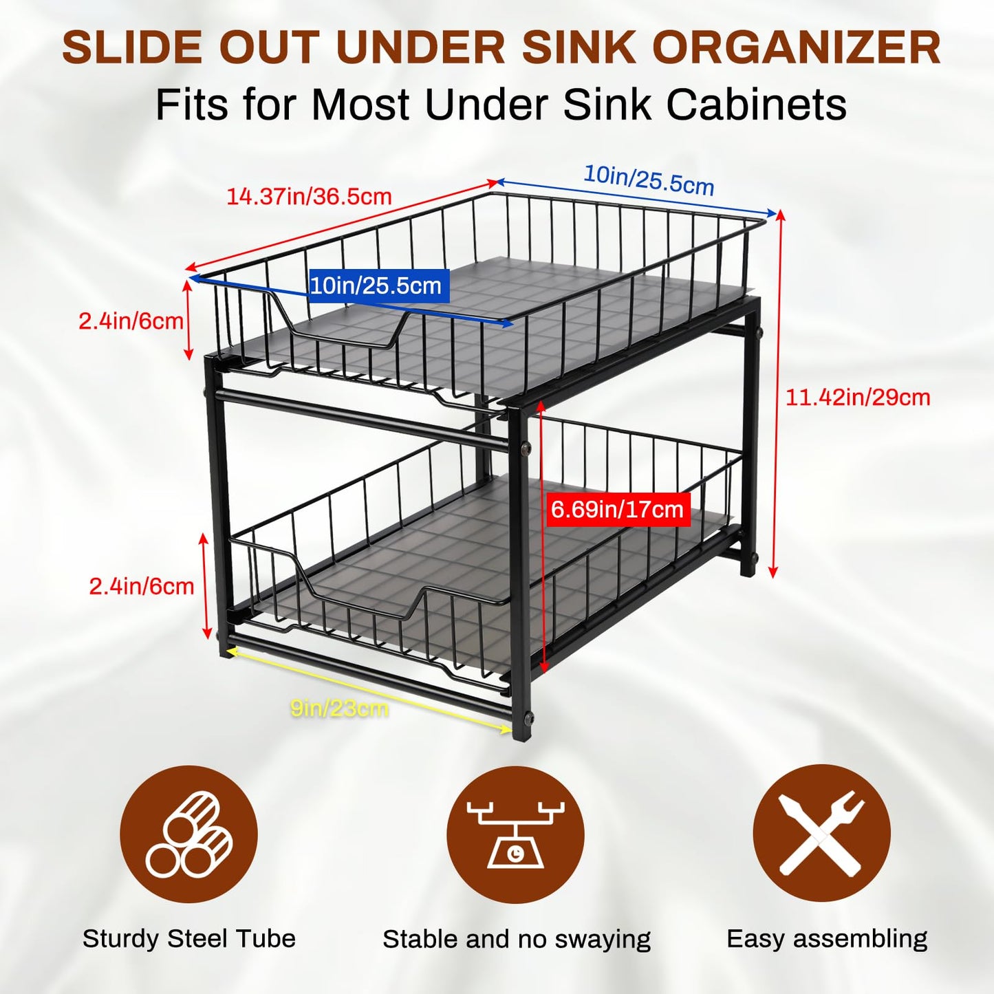Under Sink Organizer 2 Tier Pull Out Under Sink Organizers, Rustproof Under Cabinet Organizer, Multipurpose Sliding Drawer Pull Out Shelf Organizer for Kitchen Bathroom Cabinet