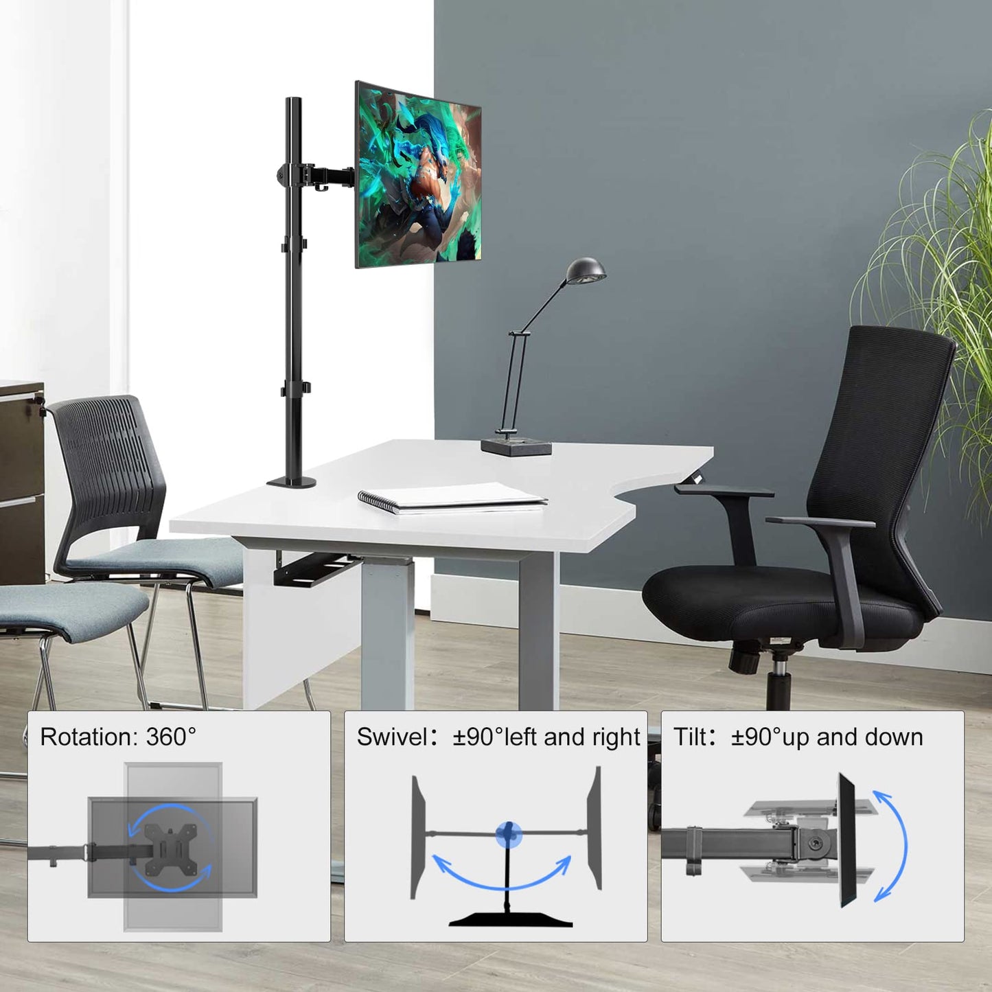 suptek Single LED LCD Monitor Stand up Desk Mount for 1 / One Screen up to 27 inch Extra Tall 31.5 inch Pole Heavy Duty Fully Adjustable Stand (MD6821)