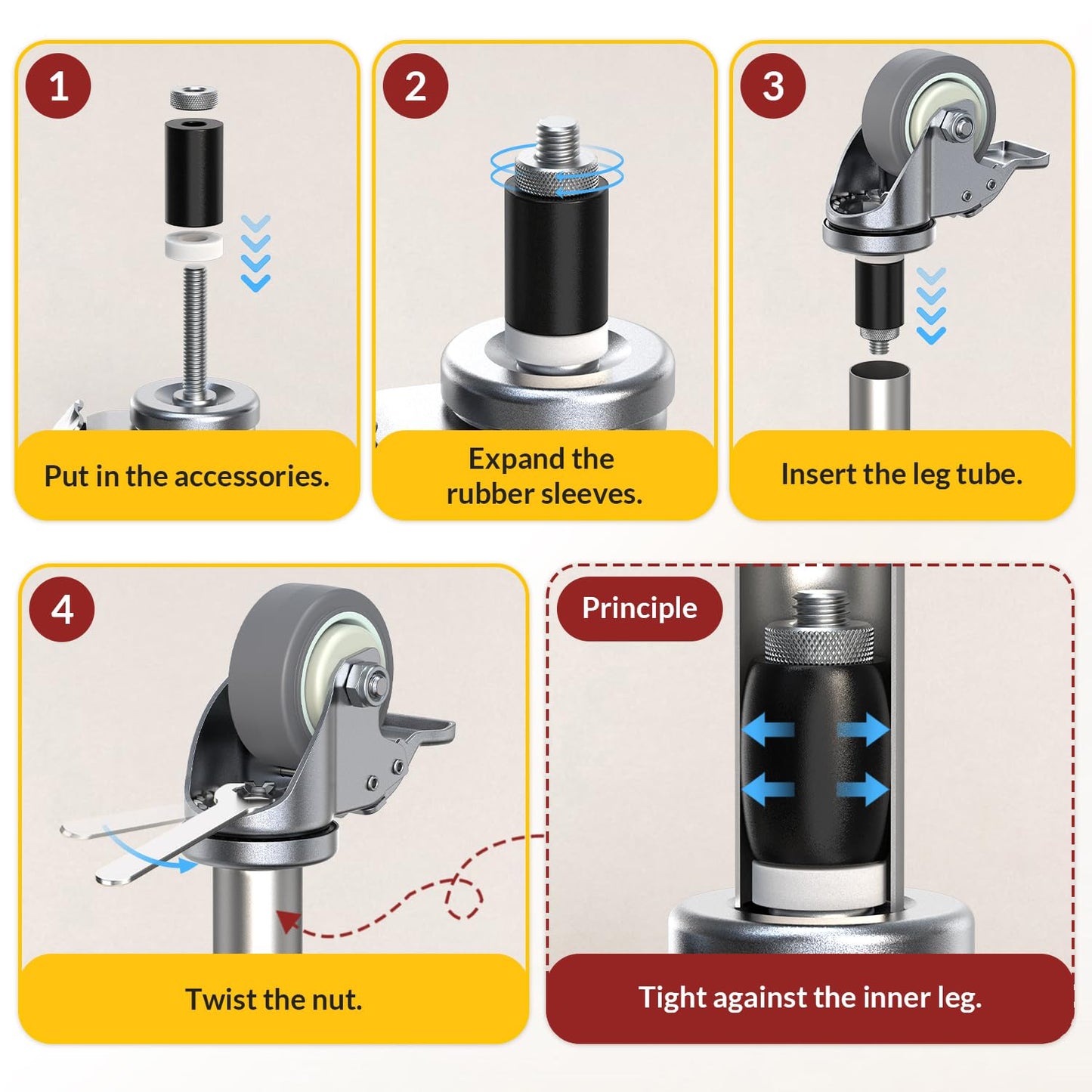 HOLKIE Caster Wheels Locking 3 Inch Expanding Stem Casters, Threaded Swivel Casters Set of 4 Heavy Duty Castors, Fit 1", 1-1/4", 1-2/5", 1-1/2",1-5/8" ID Stainless Steel Table, Cart, Furniture Legs