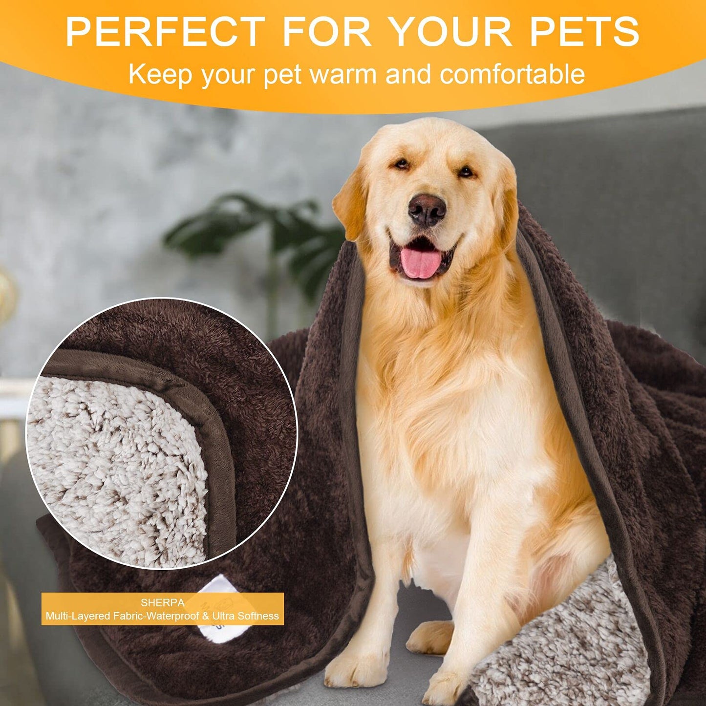 Dog Blanket Soft Fluffy Pet Blanket Waterproof Warm Cat Blanket Self-Warming Puppy Snuggle Blanket Warm Throw Pets Bed Blankets Dog Fuzzy Blankets for Sofa Travel 51.2 x 59”- Brown