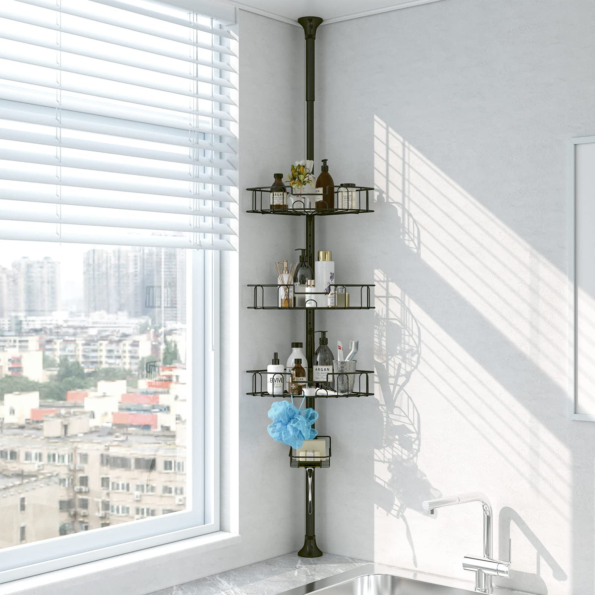 Tension Shower Caddy, Rustproof Corner Shower Caddy Stand Storage Organizer with Tension Pole for Bathroom Bathtub Shampoo Soap Plants, 4 Tier Adjustable Shelves, 54 to 125 Inch