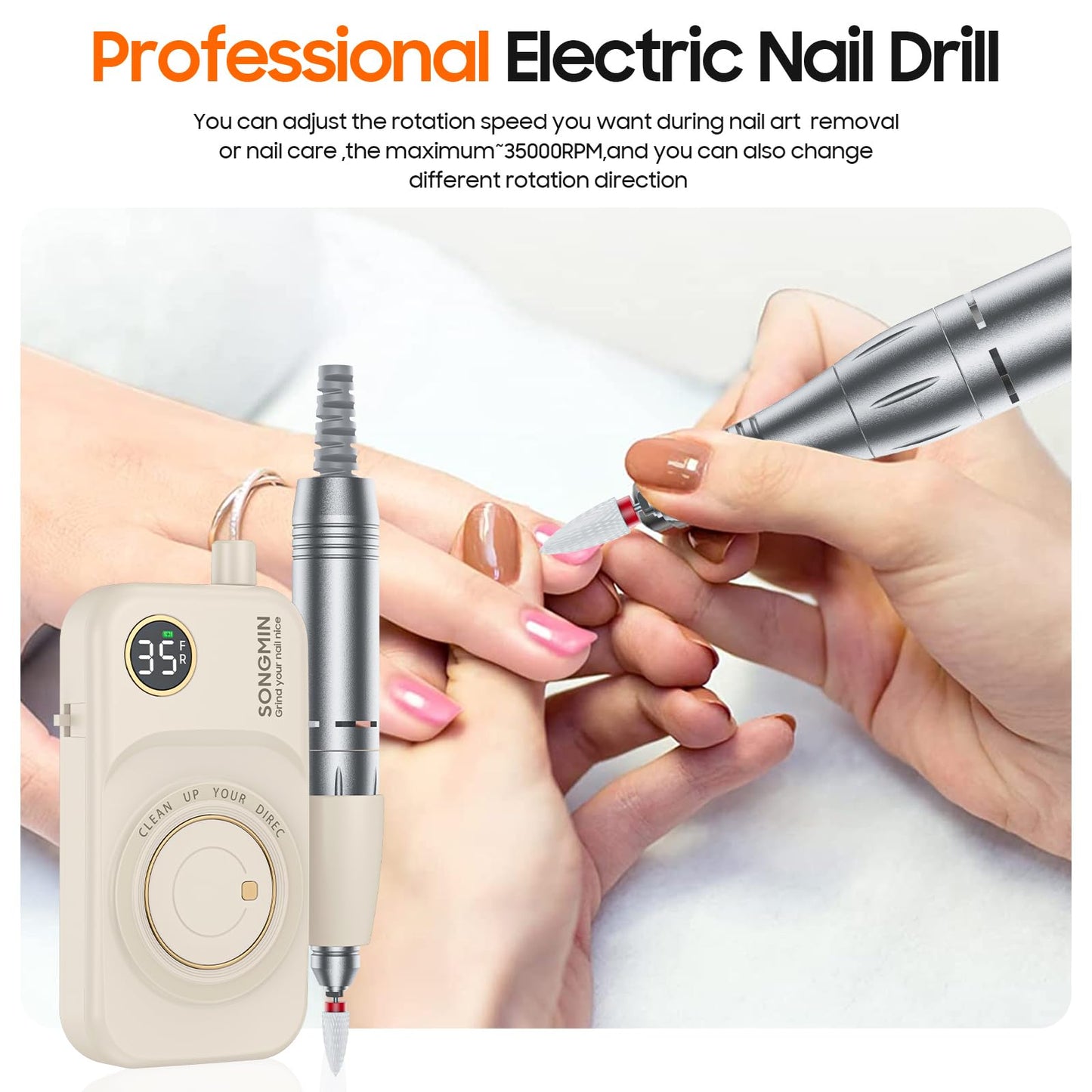 Professional Nail Drill 35000 RPM,SONGMIN Portable Cordless Efile with Bits Kit for Acrylic Nails Gel Polishing Removing,Rechargeable Electric Nail File Machine for Manicure,Pedicure Salon Home,White