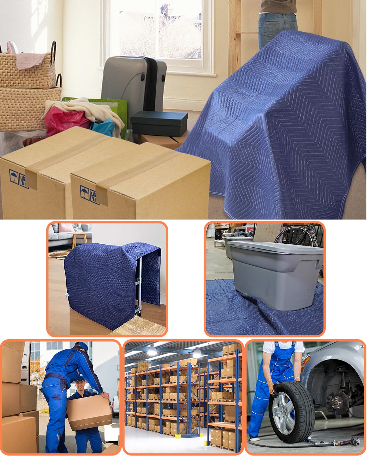 2 Pack Moving Blankets, 40x 72 inches Heavy Duty Packing Blankets for Protecting Furniture Moves Storage, Professional Quilted Wrapping & Shipping Pads(Black +Blue)