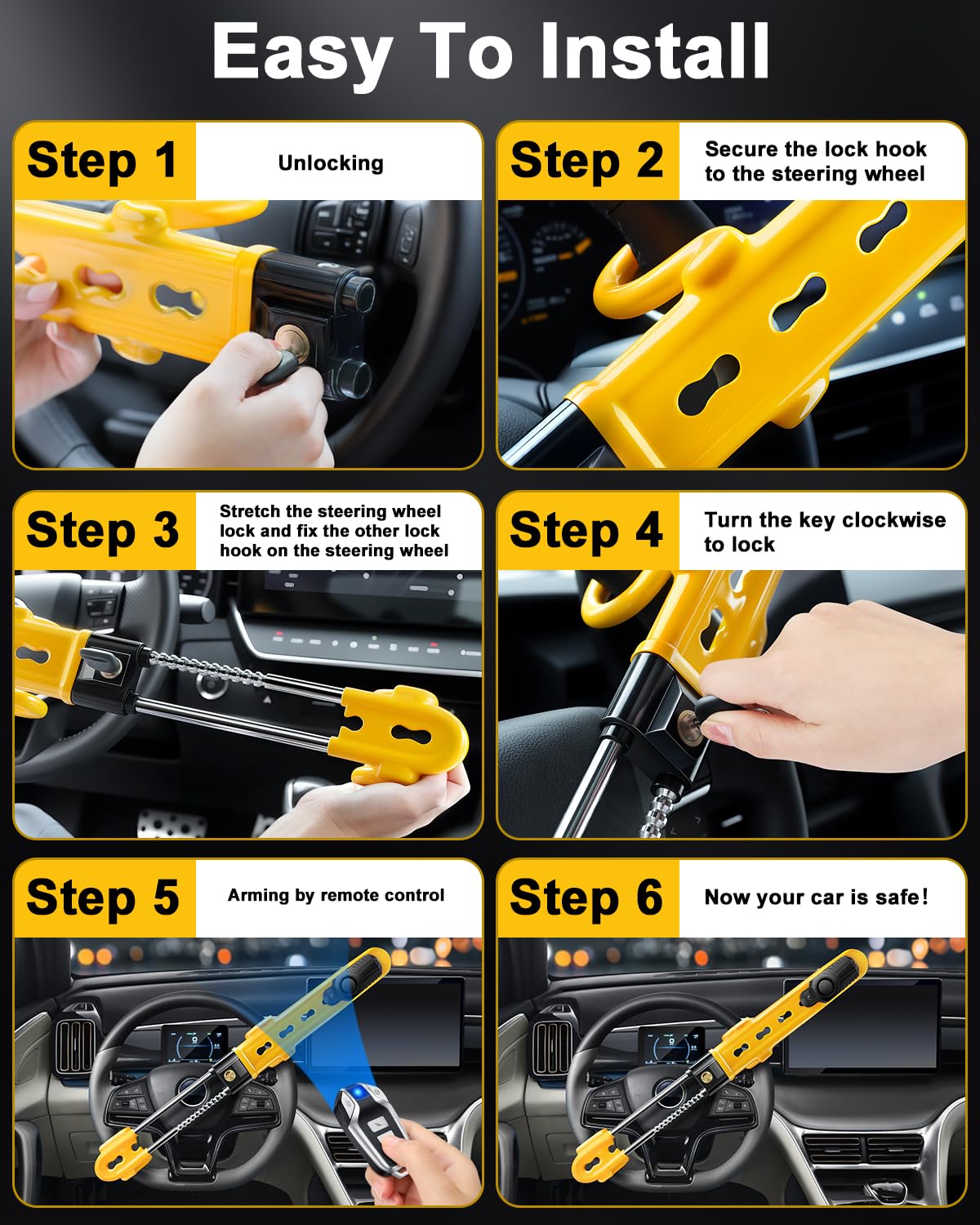 Steering Wheel Lock with 113dB Alarm, ELECTOP Heavy Duty Anti-Theft Car Device Car Wheel Lock with Adjustable Locking and 2 Keys, Car Security Lock Car Alarm System for Auto Truck Van SUV