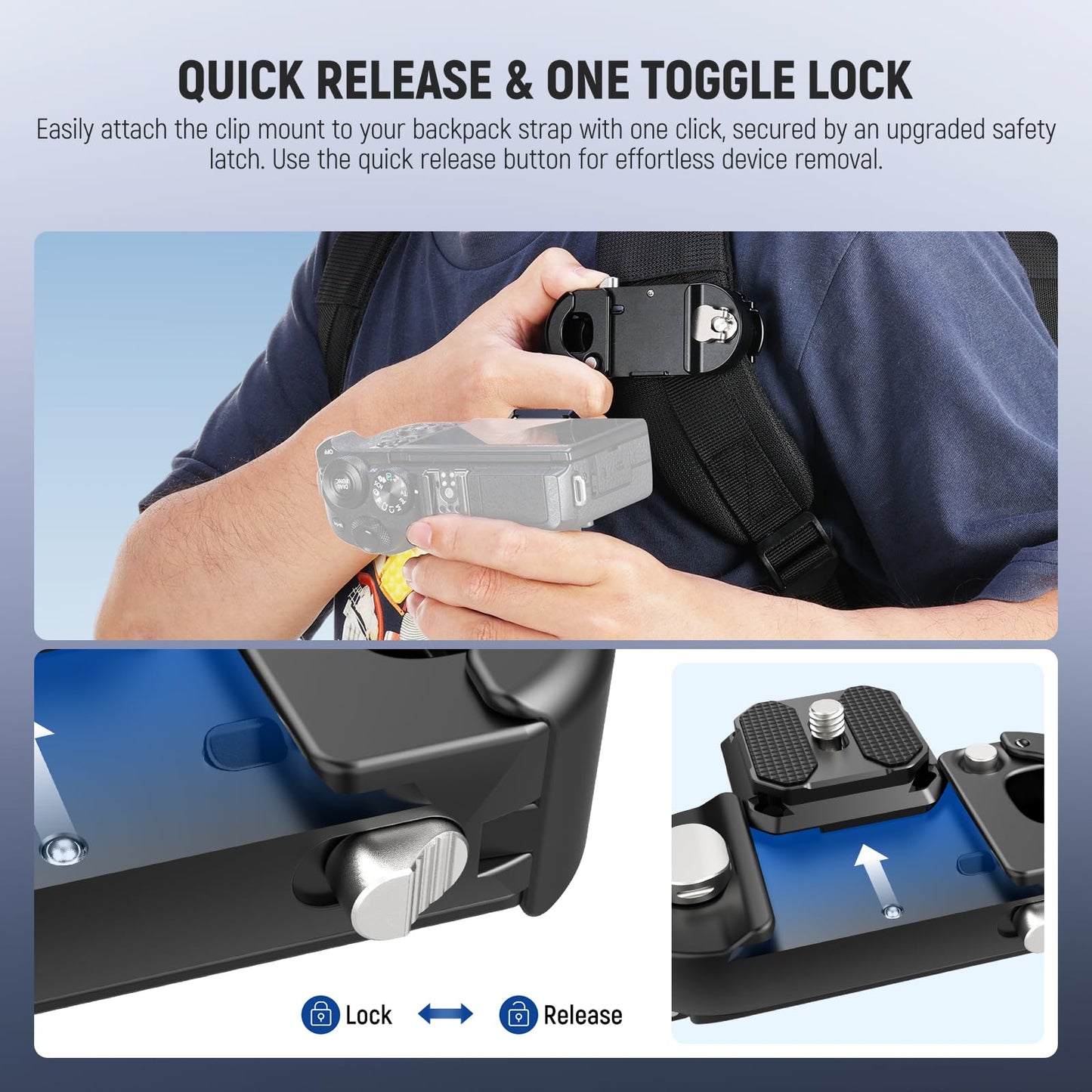 Neewer Backpack Camera Clip Mount with Square QR Plate, Upgraded Safety Latch, Quick Release Camera Belt Clip Backpack Strap Compatible with Peak Design PD QR System Canon Nikon Sony DSLRs, GP67