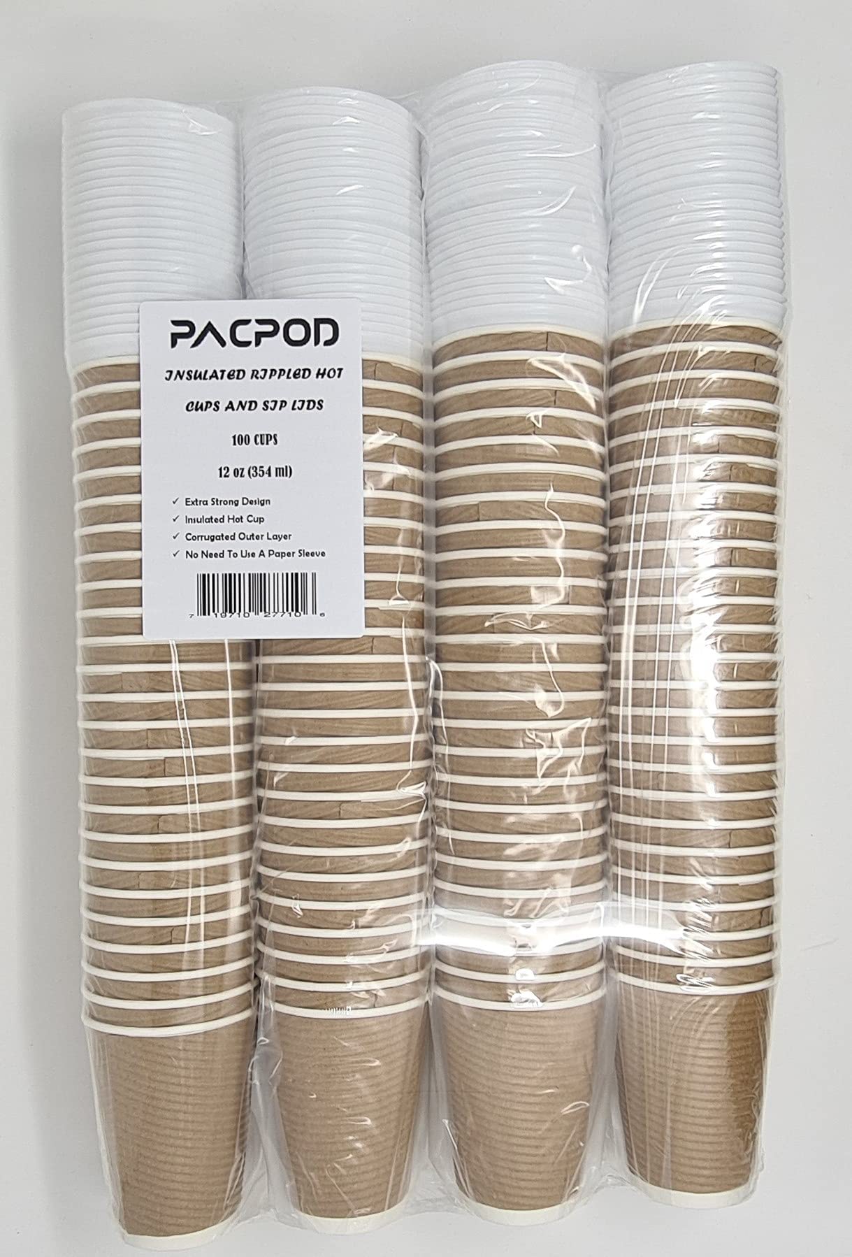 Pacpod Pack of 100 Insulated Rippled Hot Cups with Dom Sip Lid Coffee Cup Tea Chocolate Drinks Paper Disposable Cups and lid Color Brown Size 12 Oz & 16 Oz (12 oz)