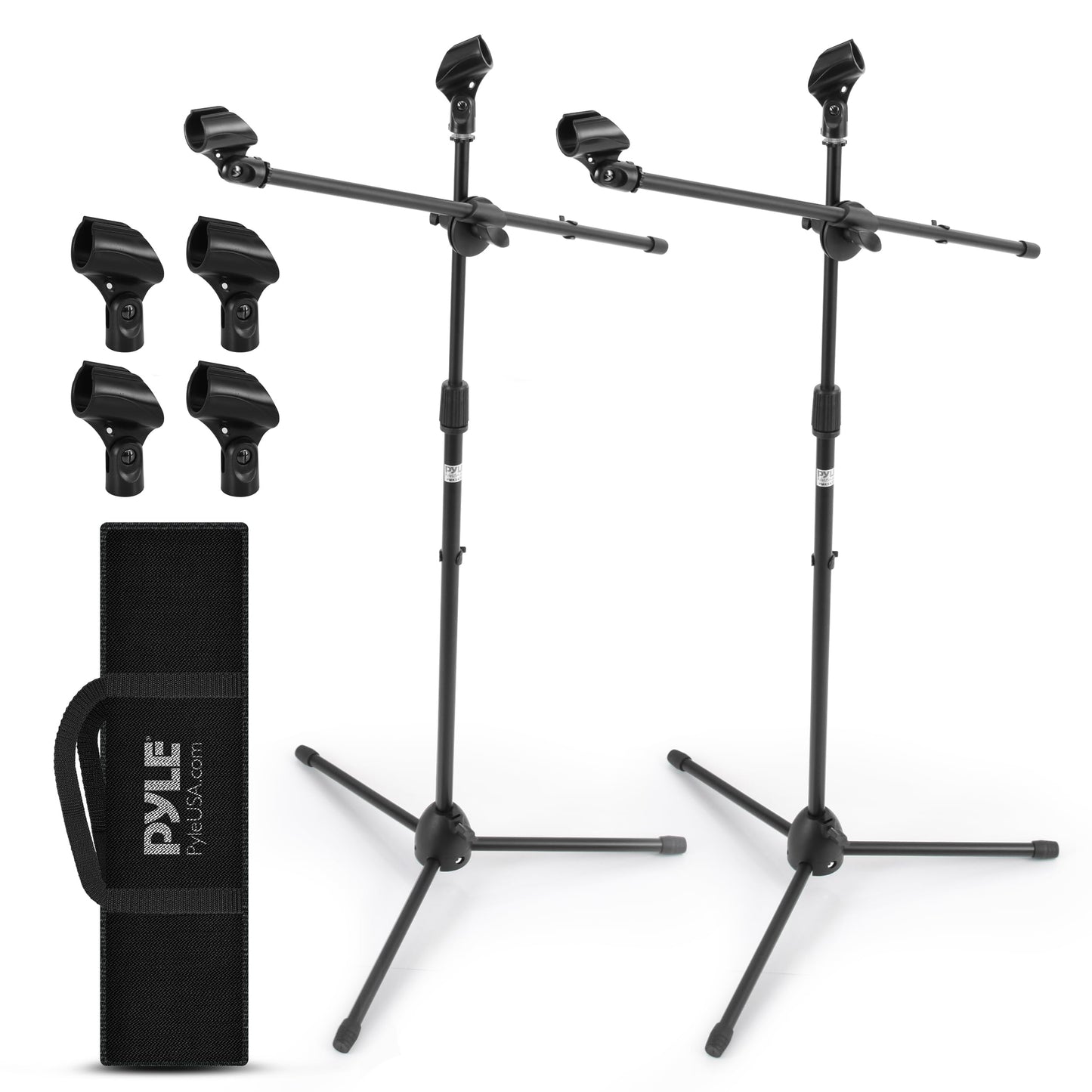 Pyle Microphone Stand- Boom Microphone Stand, Tripod Base, Anti-Slip Legs, Height Adjustable 27.5”–52”, Includes Extra Mic Holders, Bag, & 5/8” Adapter- 2 Pack