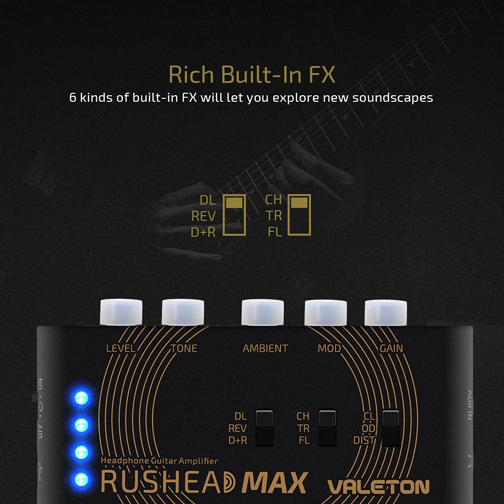 Valeton Rushead Max USB Chargable Portable Pocket Guitar Bass Headphone Amp Carry-On Bedroom Plug-in Multi-Effects