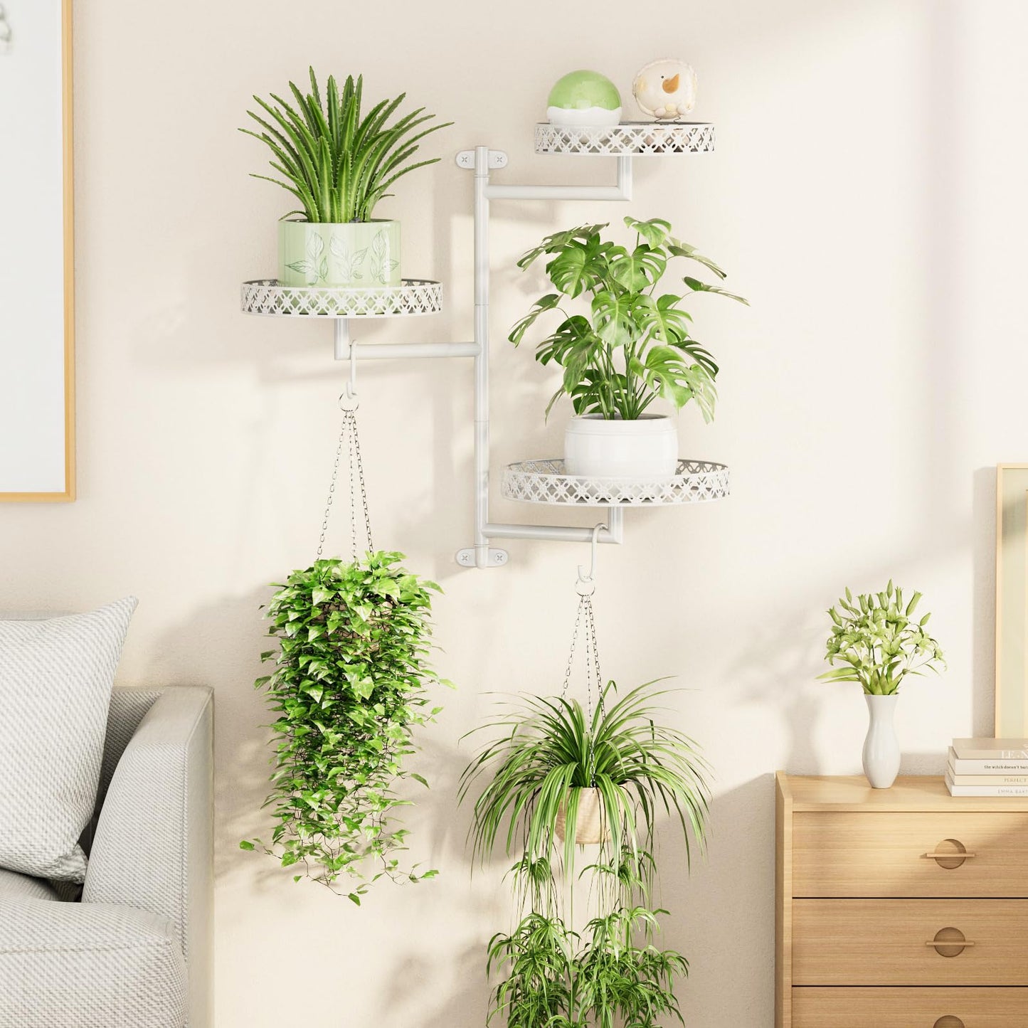 OVICAR Rotating Window Plant Shelves - Indoor Wall Plant Stand 3-Tier Floral Metal Window Shelf Holder for Multiple Plants with Hanging Hooks Home Decor White