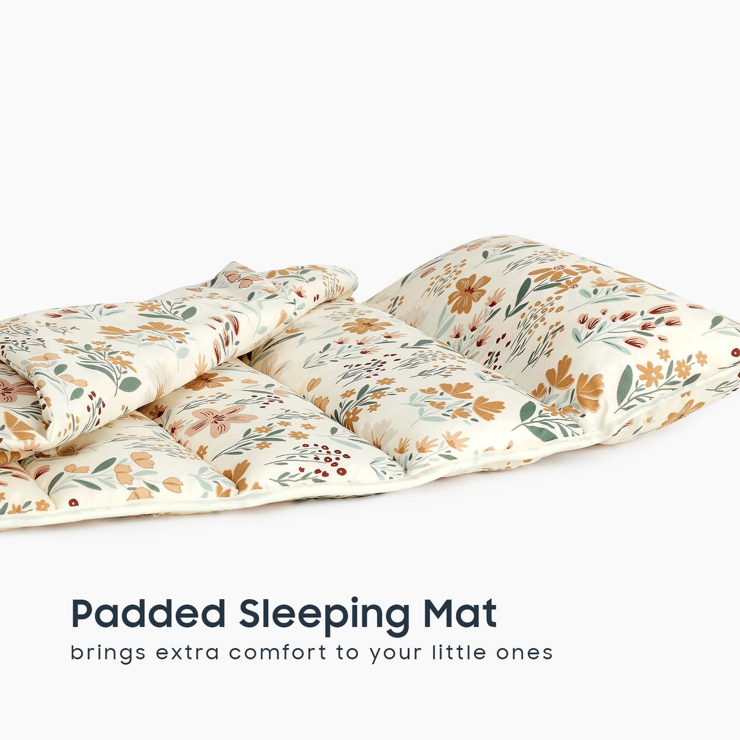 Wake In Cloud - Toddler Nap Mat with Pillow and Blanket, for Kids Boys Girls in Daycare Preschool Kindergarten, Cute Soft Roll Up Sleeping Bag, Floral Orange Cream, Standard Size