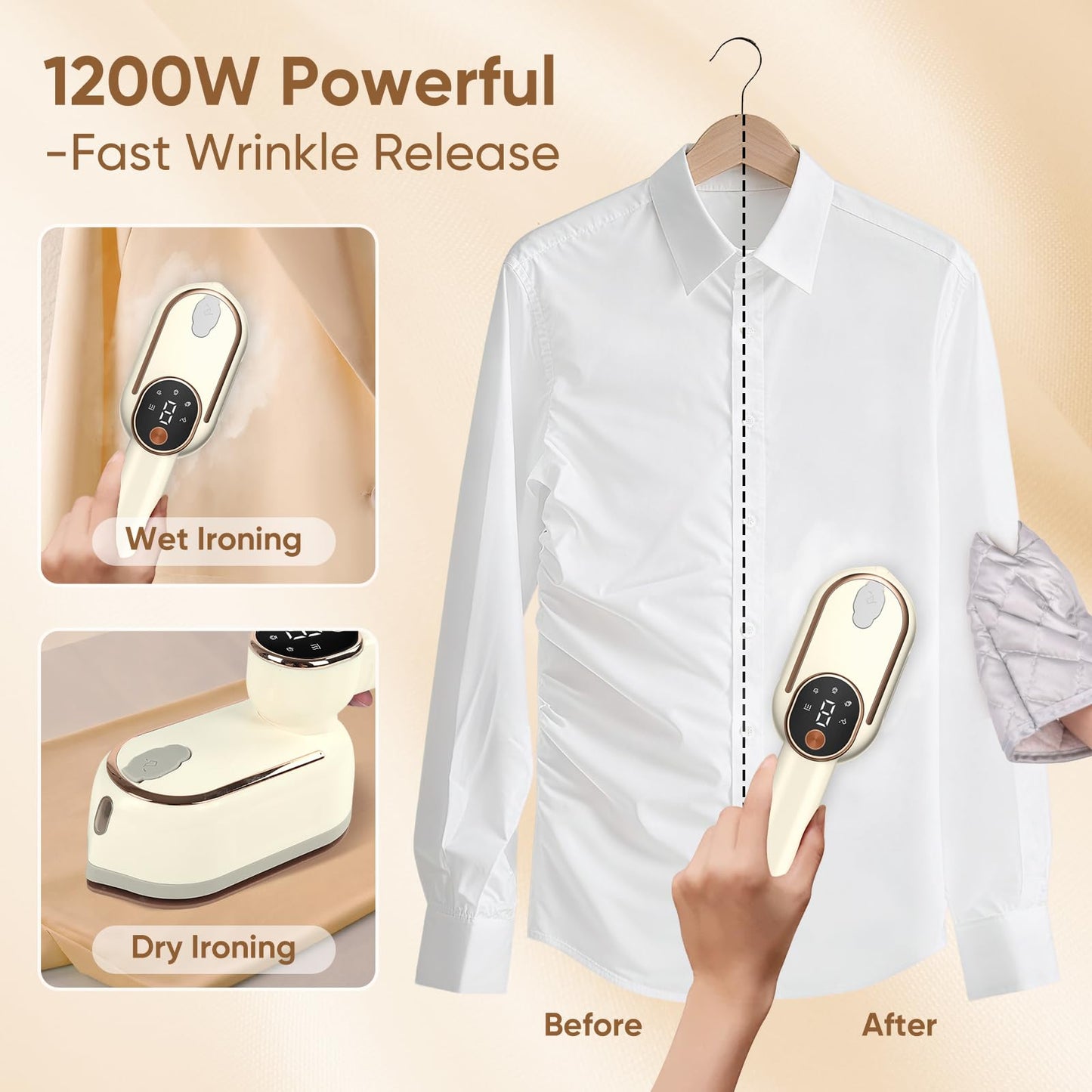 1200W Portable Iron Steamer Clothes - LED Display & 3+1 Level Steam, Small Hand Held Steamer with 130ml Tank, Travel Size Iron with Ironing Glove, Dorm Essential, Off White(110V Only, Not for Europe)