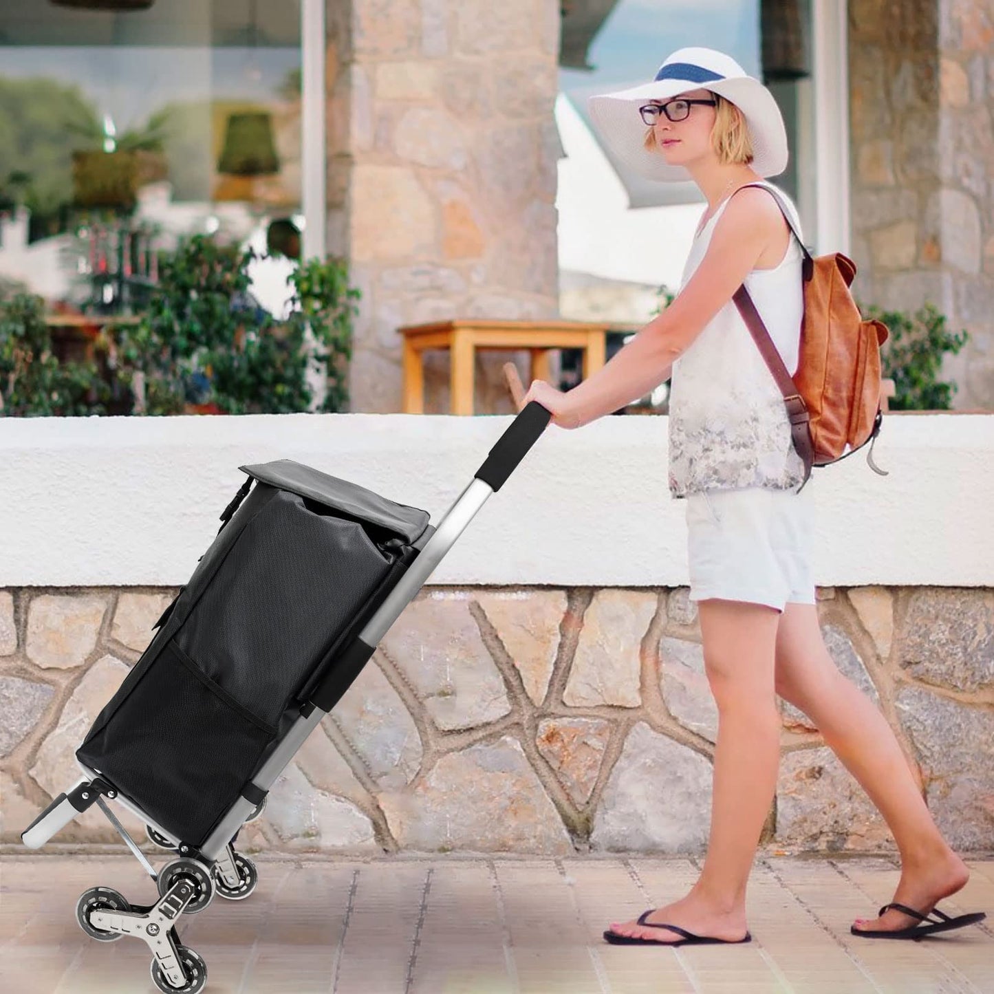 Folding Shopping Cart for Groceries Loading Stair Climbing Portable Folding Grocery Cart with Tri-Wheel Metal Utility Trolley Bigger Waterproof Shopping Bag, Adjustable Elastic Rope