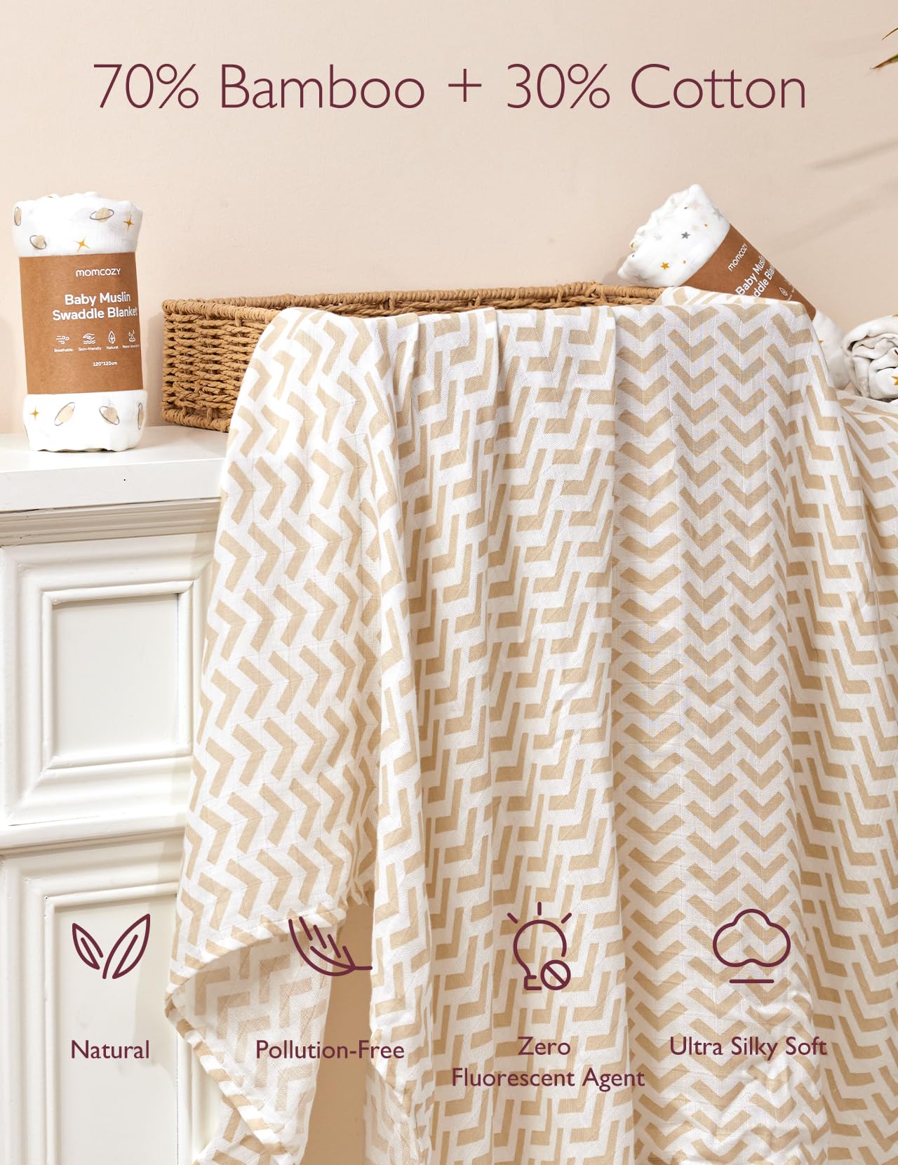 Momcozy Muslin Swaddle Blanket, 4 Pack Ultra Soft Neutral Swaddle Blankets, Breathable Large 47'' x 47'' Baby Infant Newborn Essentials, Boys Girls Receiving Blanket, Beige Star