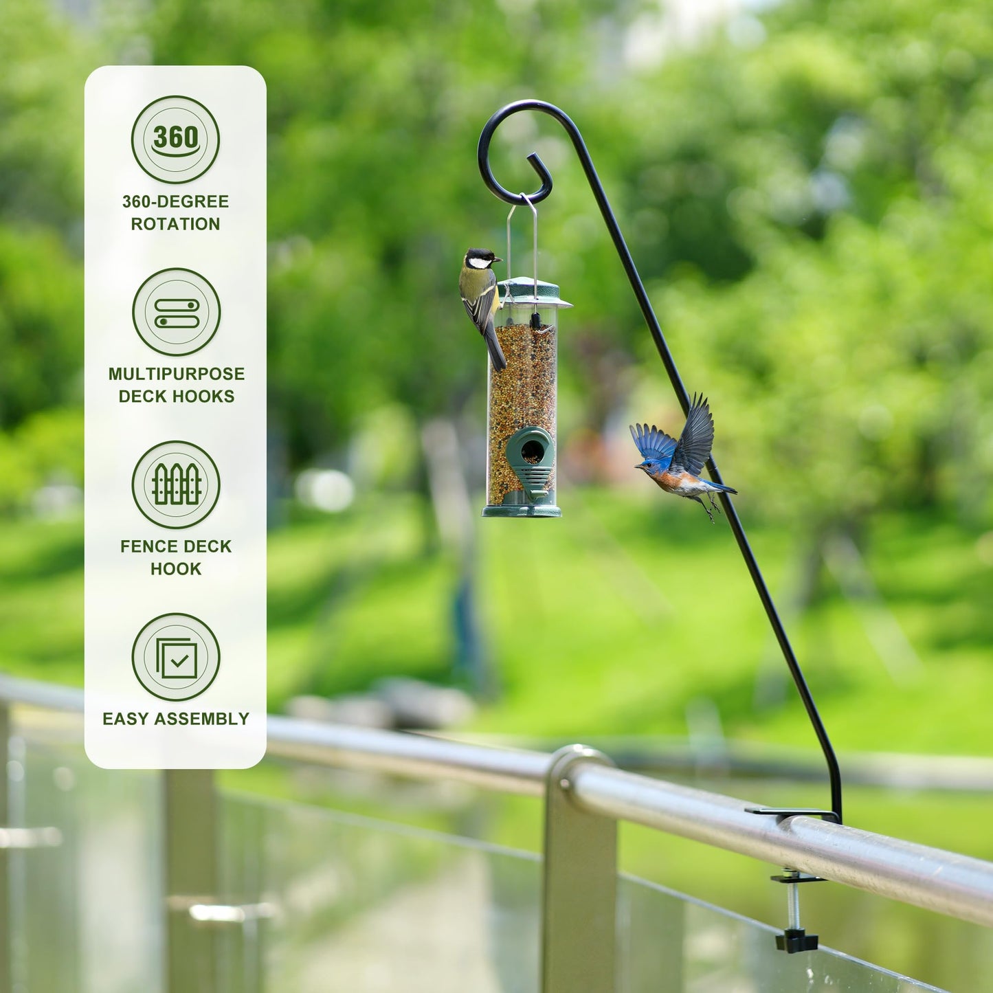 MIXXIDEA Heavy Duty Deck Rail Pole Deck Hook, Extensible and Adjustable Deck Hook for Hanging Bird Feeder, Plants, Suet Baskets,Wind Chimes,Lanterns (28in Long Curled Hook-2 Pack)