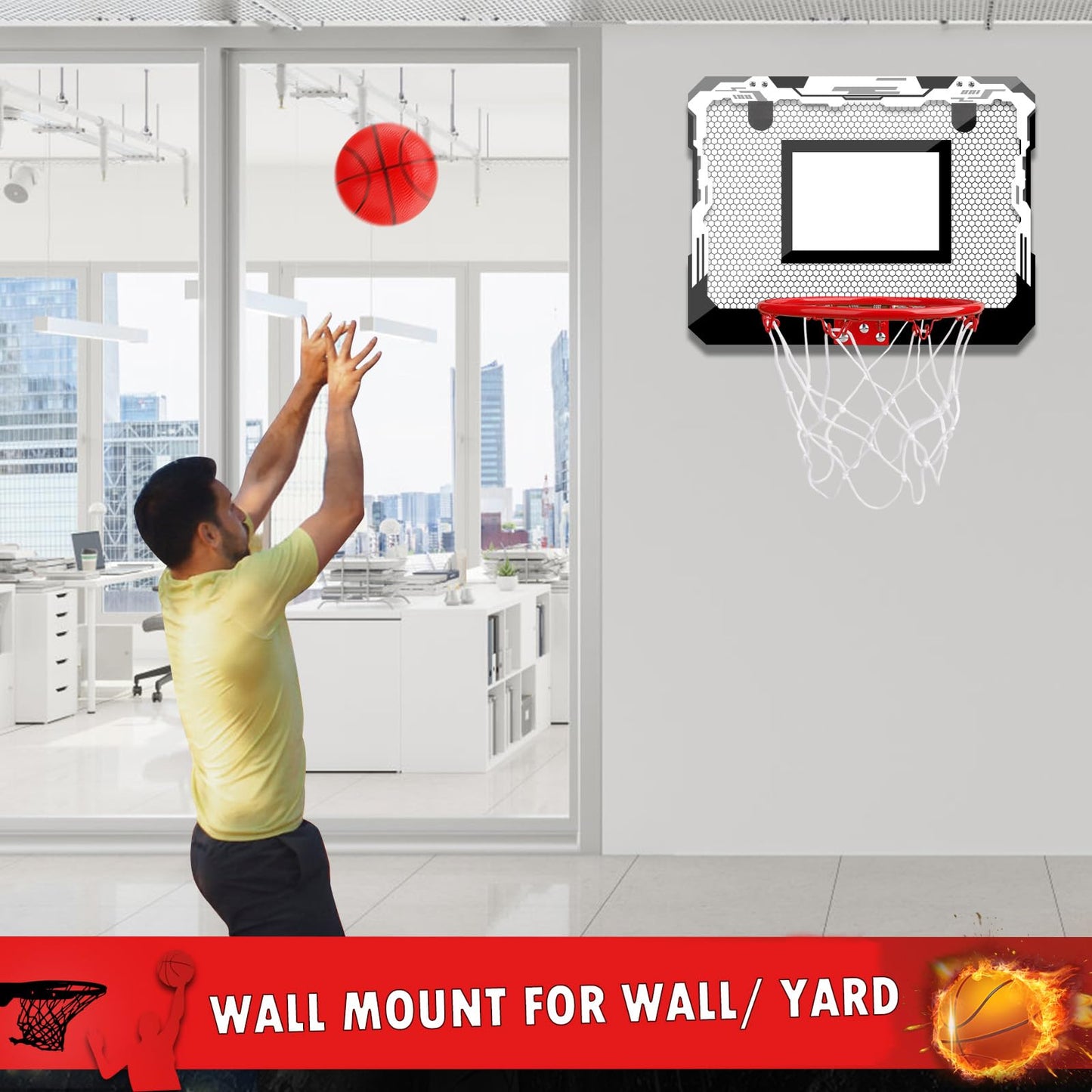 Indoor Over Door Mini Basketball Hoop Set for Kids Adults, Upgrade Wall Mount Basketball Hoop for Wall with Large Dunk Rim, Room Basketball Hoops Game with 4 Small 6" Balls Gift for Boys Girls Teen