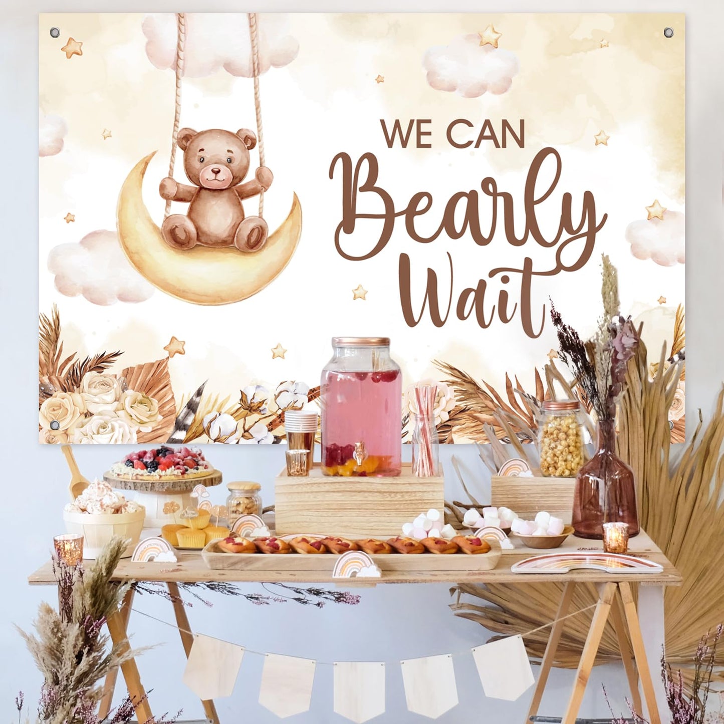 DataMoon Boho Baby Shower Decorations for Neutral Gender Baby,Baby Boxes with Letters,Boho Balloons,We Can Bearly Wait Backdrop,Cake Topper,Tablecloth for Baby Shower,Gender Reveal Party Supplies