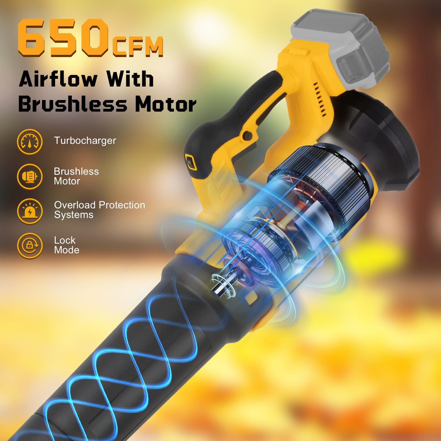 Cordless Leaf Blower Fit for Dewalt, 650 CFM Electric Leaf Blower, with Brushless Motor Built-in Protection Device, Variable Speed, Turbo Mode, for Driveway Lawn Care, Yard, Snow(Tool ONLY)