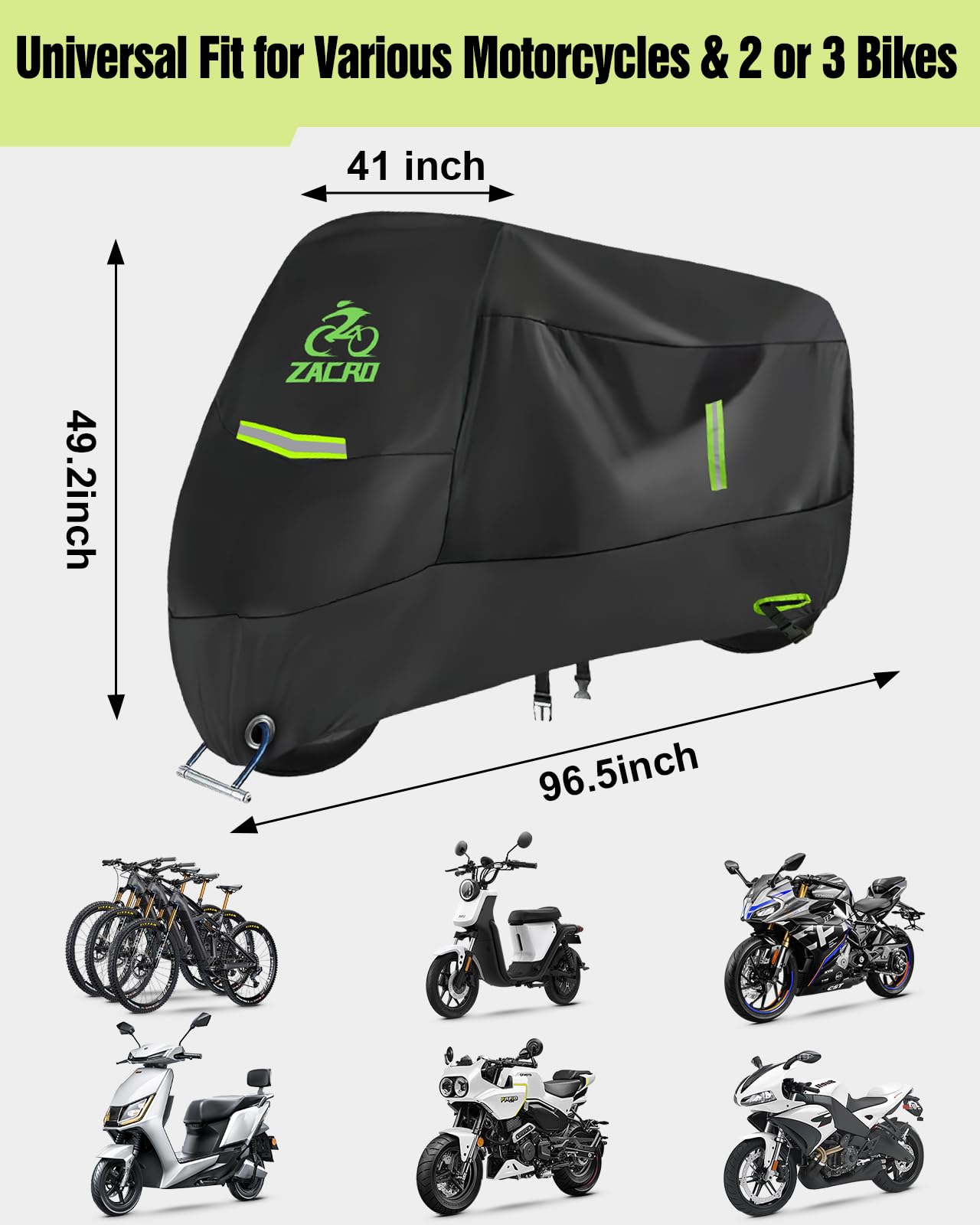Zacro Motorcycle Cover Waterproof Outdoor,All Weather 3000M Waterproof Protection,420D Heavy Duty Material Tear Proof Sun&Moped,Cover with Reflective Strips,Lock-Hole,Storage Bag,Fits up to 96.5"