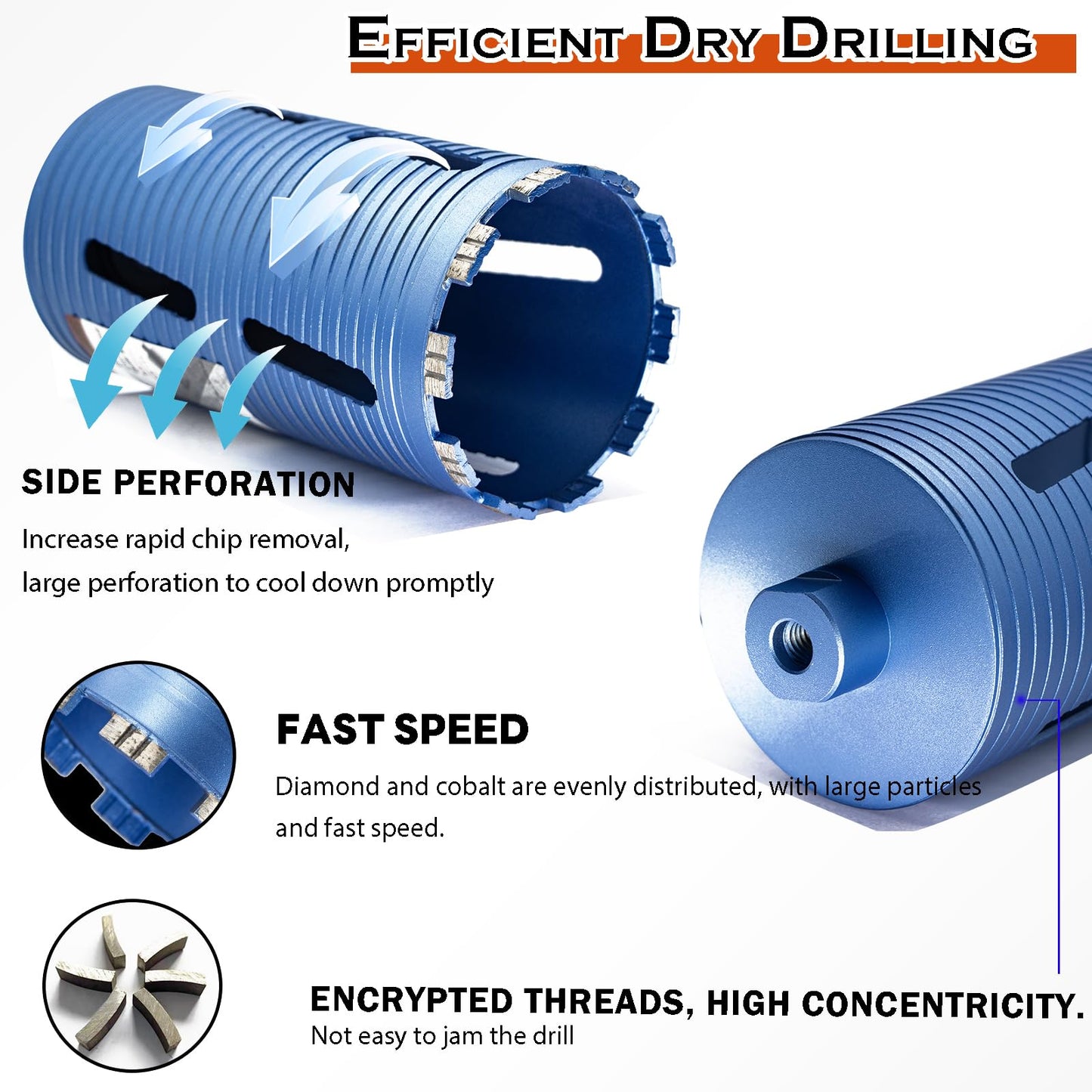 DaduoRi 2 1/2" Dry Core Drill Bit, 5/8"-11 Thread, with 3 Adapters Included: SDS Plus, SDS Max and 1/2" Hex Shank; 9.5" Drill Depth, 2.5 inch Diamond Core Bits for Concrete Brick Block and Masonry