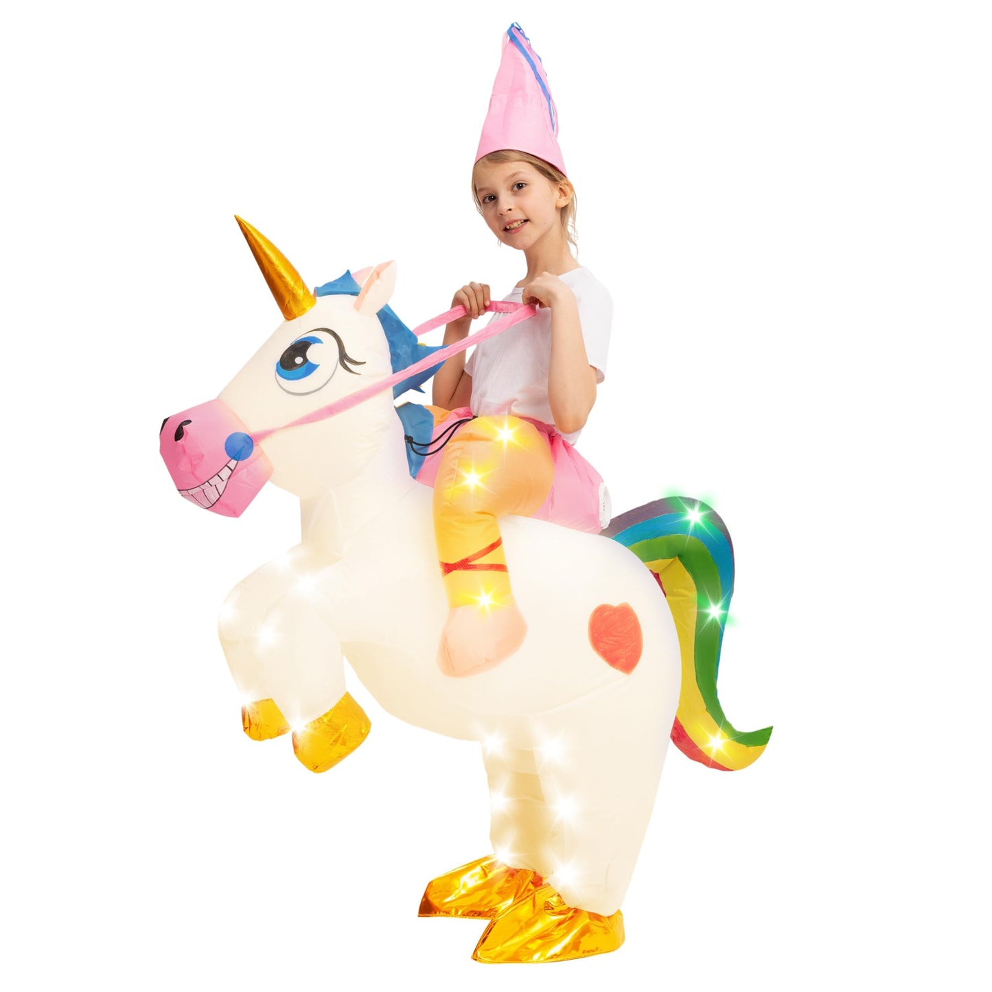 Spooktacular Creations Kids Inflatable Costume, Ride on Light-up Unicorn Air Blow Up Halloween Costumes，S