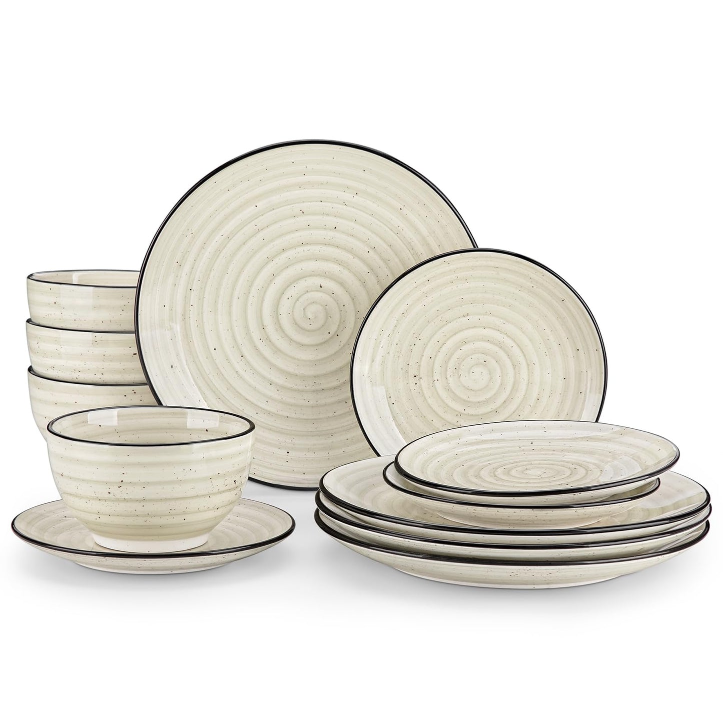 vancasso Dinnerware Sets 12 Pieces Bonbon Beige Dinner Set, Plates and Bowls Sets with Dinner Plates Bowls Handpainted Spirals Pattern Dish Sets, Service for 4
