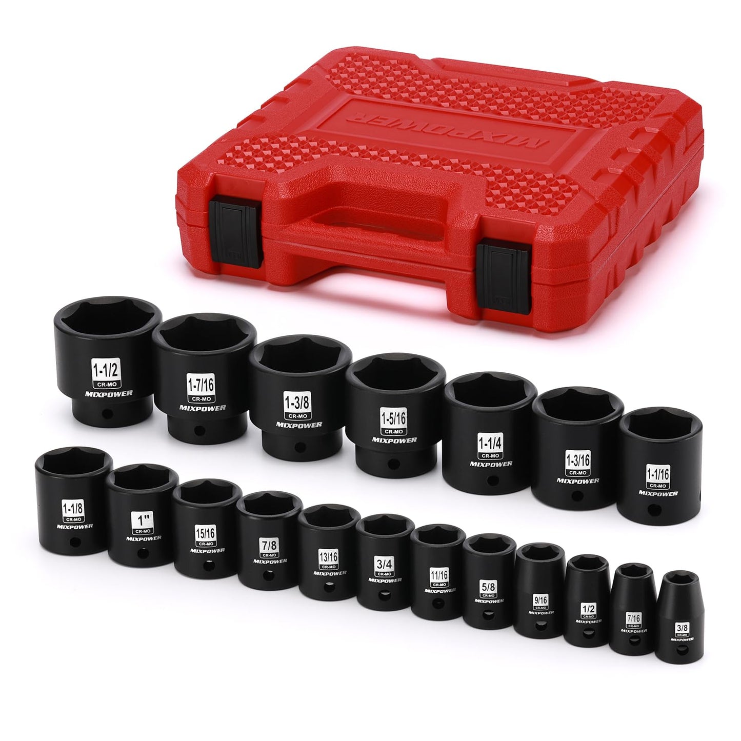 MIXPOWE 19 Piece 1/2-Inch Drive Standard Impact Socket Set, SAE, Shallow, 3/8" to 1-1/2", Cr-Mo Alloy Steel, Radius Corner Design, Impact Grade