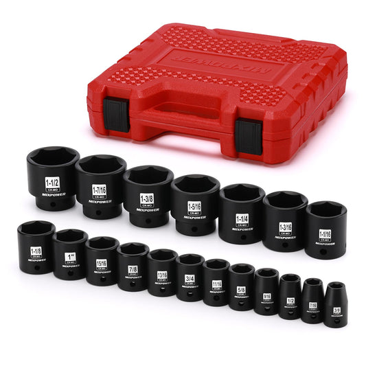 MIXPOWE 19 Piece 1/2-Inch Drive Standard Impact Socket Set, SAE, Shallow, 3/8" to 1-1/2", Cr-Mo Alloy Steel, Radius Corner Design, Impact Grade