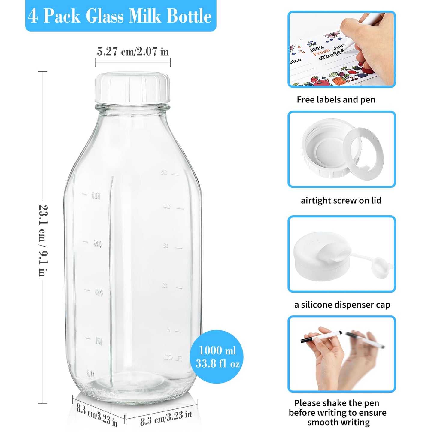 Liter Milk Container for Fridge w Scale and 2 Pour Spouts, 100% Airtight Lid - 4 Pack 32 Oz Glass Bottles w Lids - Juice Jugs for Almond Milk, Honey, Yogur - Dishwasher Safe,(Extra 2 Lids)