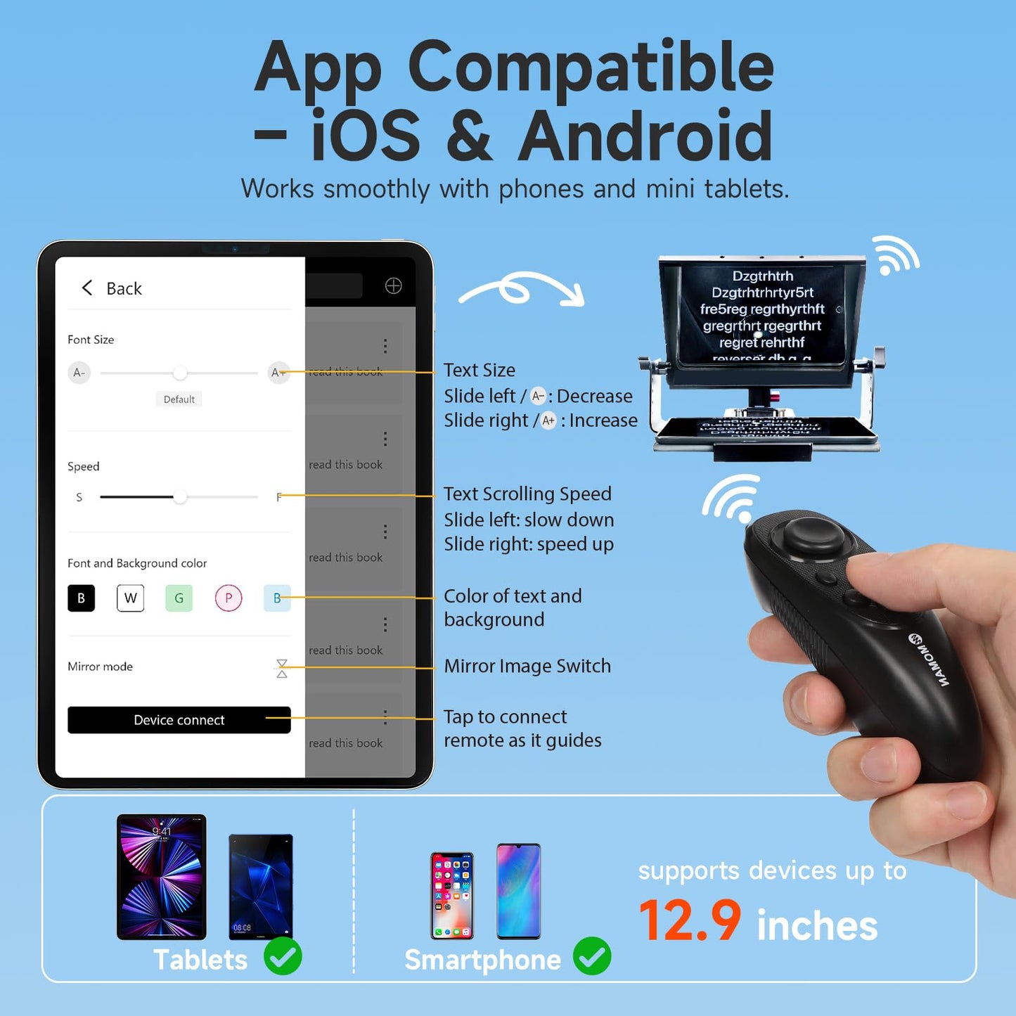 Moman Teleprompter, MT12 Metal Prompter Kit 12 inch for 12.9inch iPad Tablets with APP Remote Control for DSLR Camera Camcorder Smartphone Mobile, Tablet-Teleprompter-Autocue-Camera-Prompting