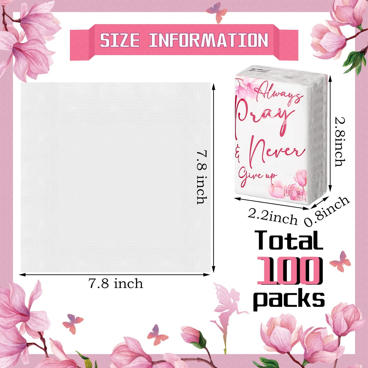 Spiareal 100 Pack Christian Travel Tissues Bulk 3 Ply Mini Bible Verse Individual Pocket Tissue Packs Travel Size Always Pray Never Give up Christian Gift for Wedding Party Homeless Gift Daily Use