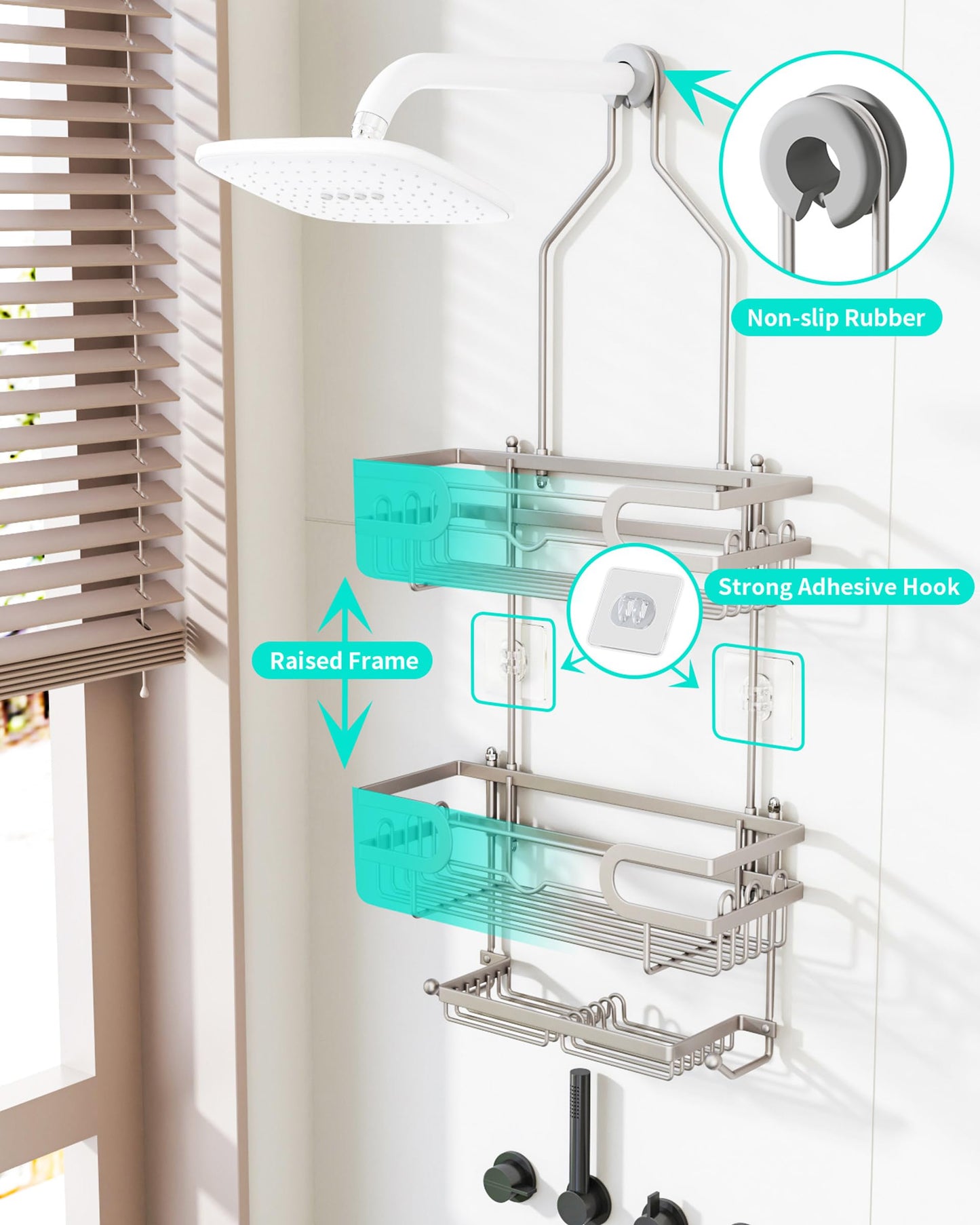 HapiRm Shower Caddy Hanging - 3 Tier Over Head Shower Caddy No Drilling, Bathroom Organizers with 2 Soap Holder & 12 Hooks, Bathroom Shelf Organizer for Shampoo, Soap, 12.6 x 4.7 x 28in