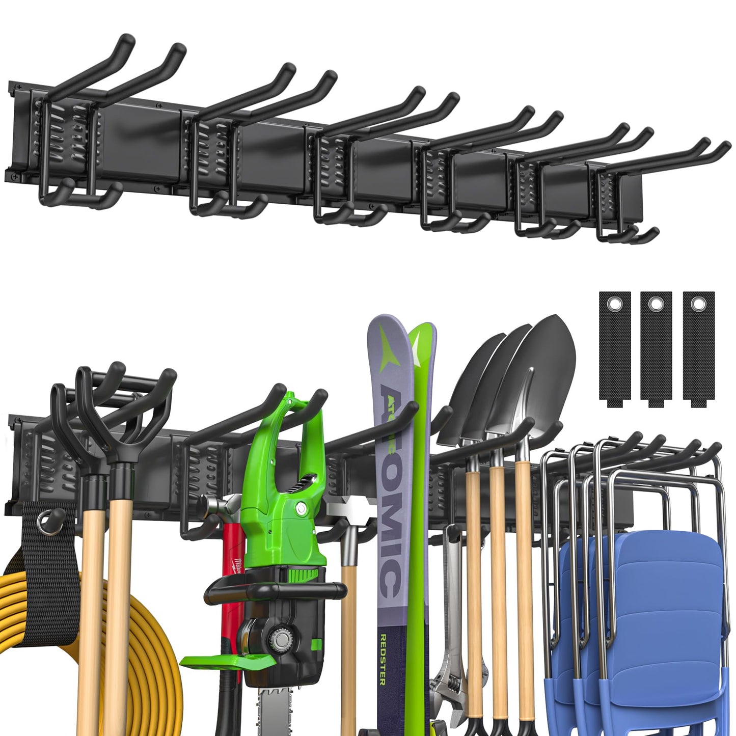 Garage Storage & Garage Organization - Garage Wall Organizer with Heavy Duty Garage Hooks, 6 Double-Layer Hangers, 3 Extension Cord Straps, 48-Inch Garden Tool Organizer, 600lbs Capacity