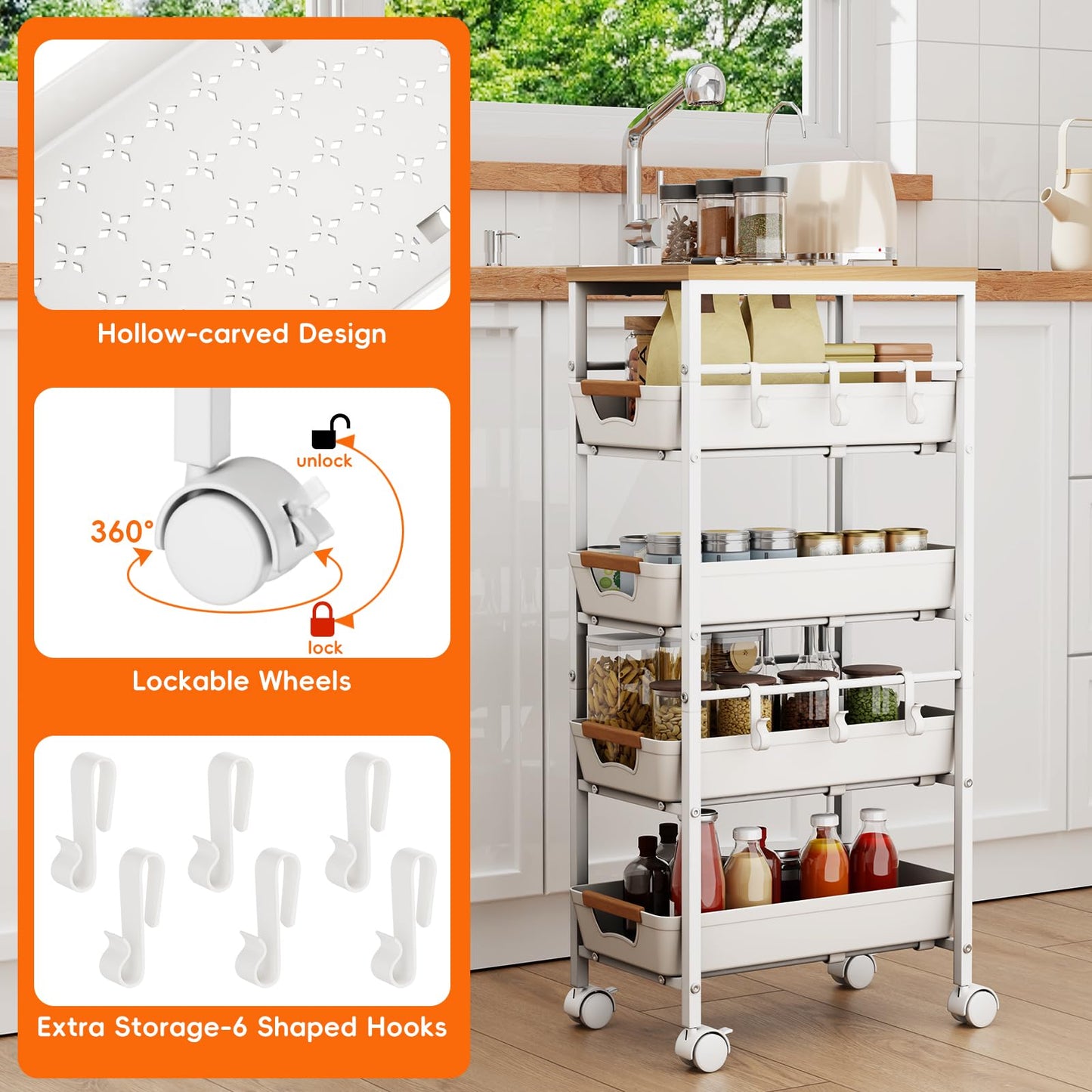 Landmok 5-Tier Slim Storage Cart, Wooden Top Rolling Kitchen Cart with Pull-Out Baskets & Wheels, Narrow Space Utility Cart Slide Out Organizer for Kitchen, Bathroom, Laundry Room, White