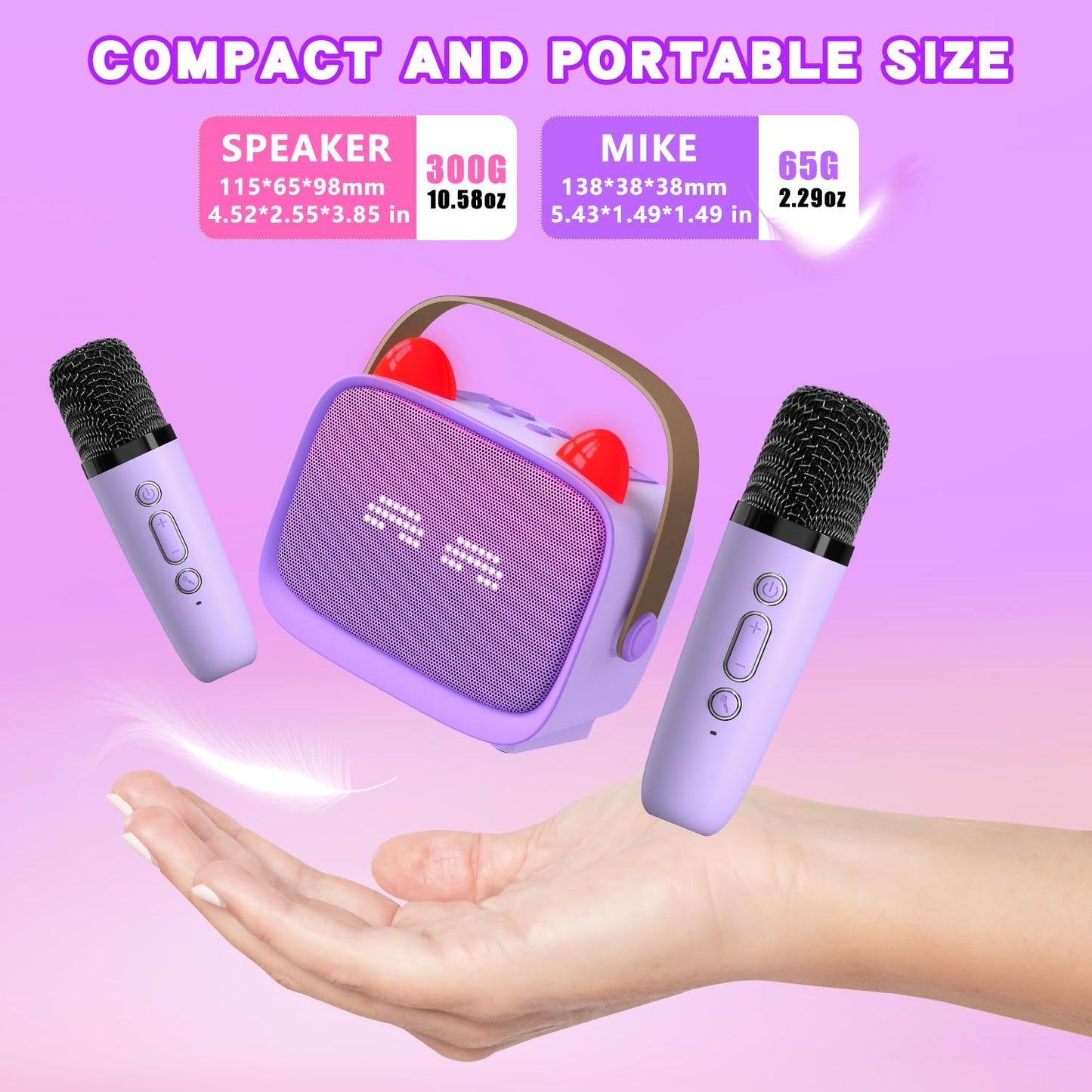 Mgaolo Upgraded Mini Karaoke Machine Toy for Kids, Portable Bluetooth Speaker with 2 Wireless Mics, Emoji & Colorful LED Lights, Home Travel & Party Play Gifts for Boys Girls (Purple)