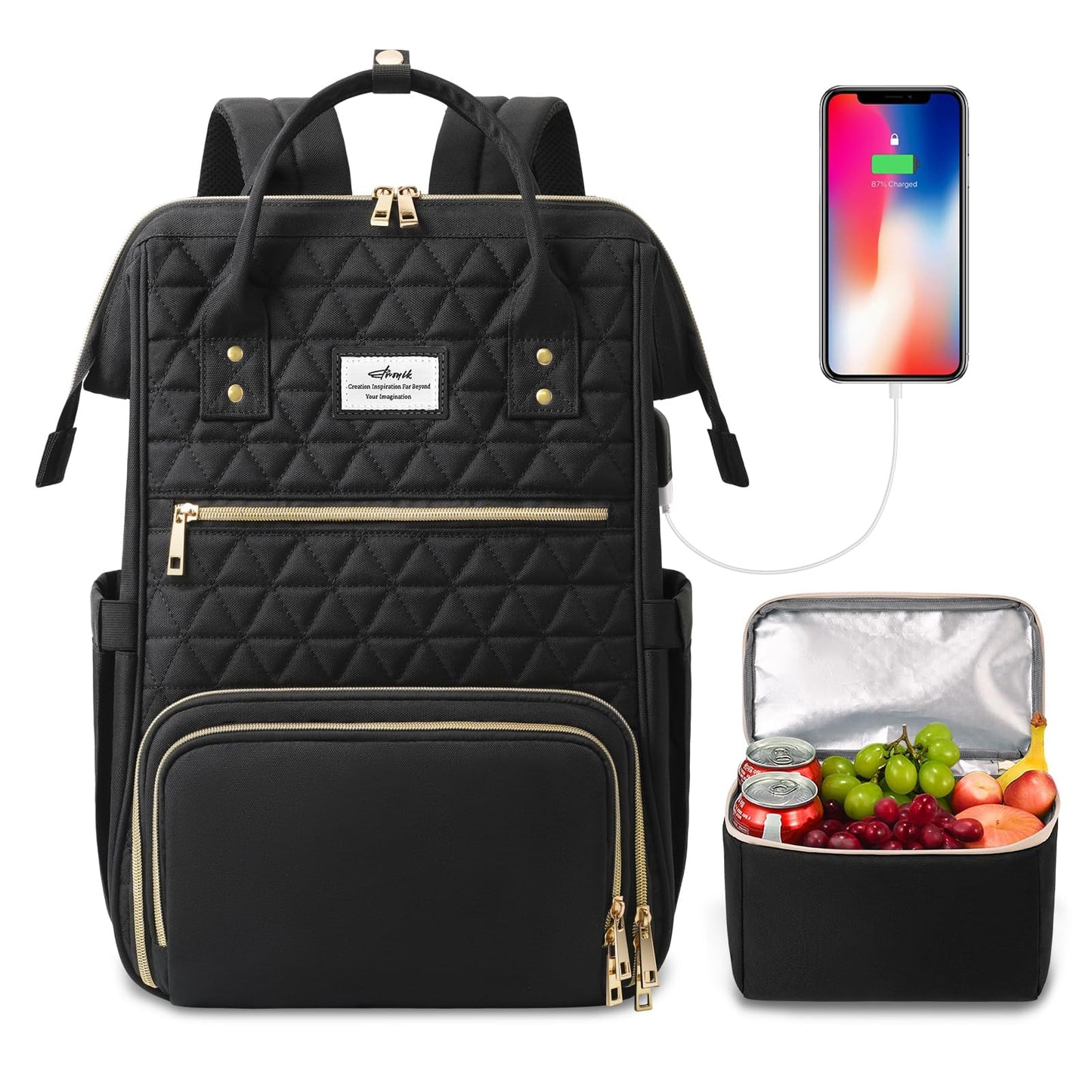 ETRONIK Lunch Backpack for Women, 17.3 in Laptop Bag with USB Charging Port, Teacher Nurse Work Backpacks Insulated Cooler Bag Gifts Women Men Travel, Black