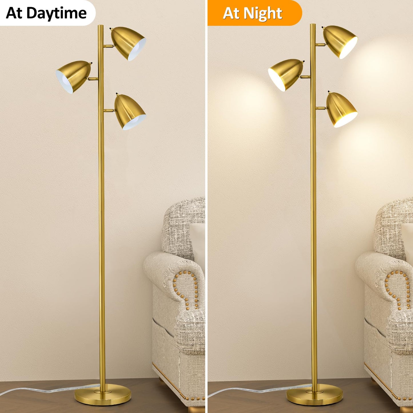 CNXIN Tree Floor Lamp with 3 Light Bulbs Standing Tall Pole Lamps with Adjustable Metal Heads 65"Reading Stand up Lamps with E26 Base Modern Floor Lamps for Living Rooms, Bedrooms, Home, Office(Gold)