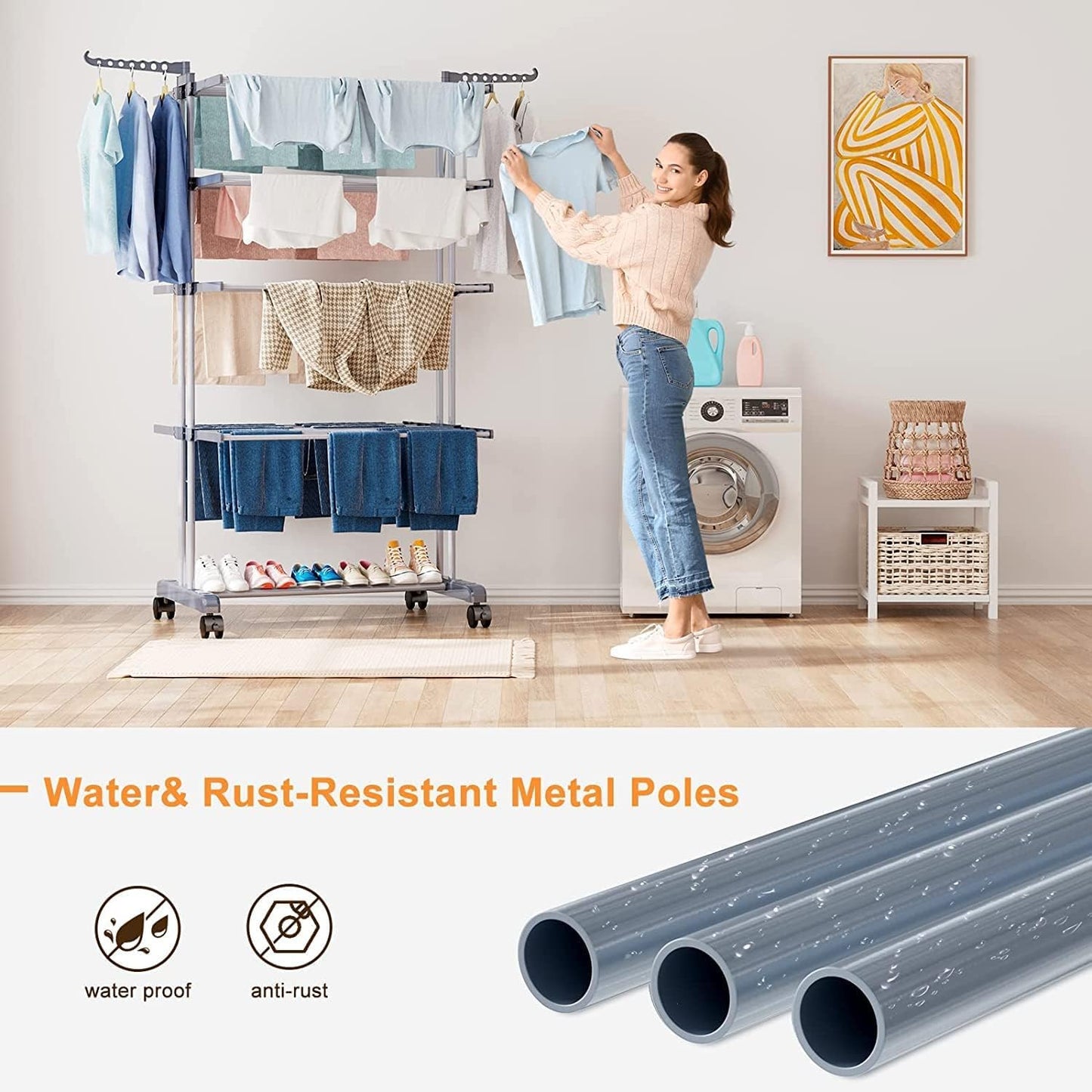 NEWBUY Clothes Drying Rack 4-Tier Foldable Laundry Drying Rack Rolling Clothing Hanger Stainless Steel for Indoor Outdoor Use Space-Saving (Grey)