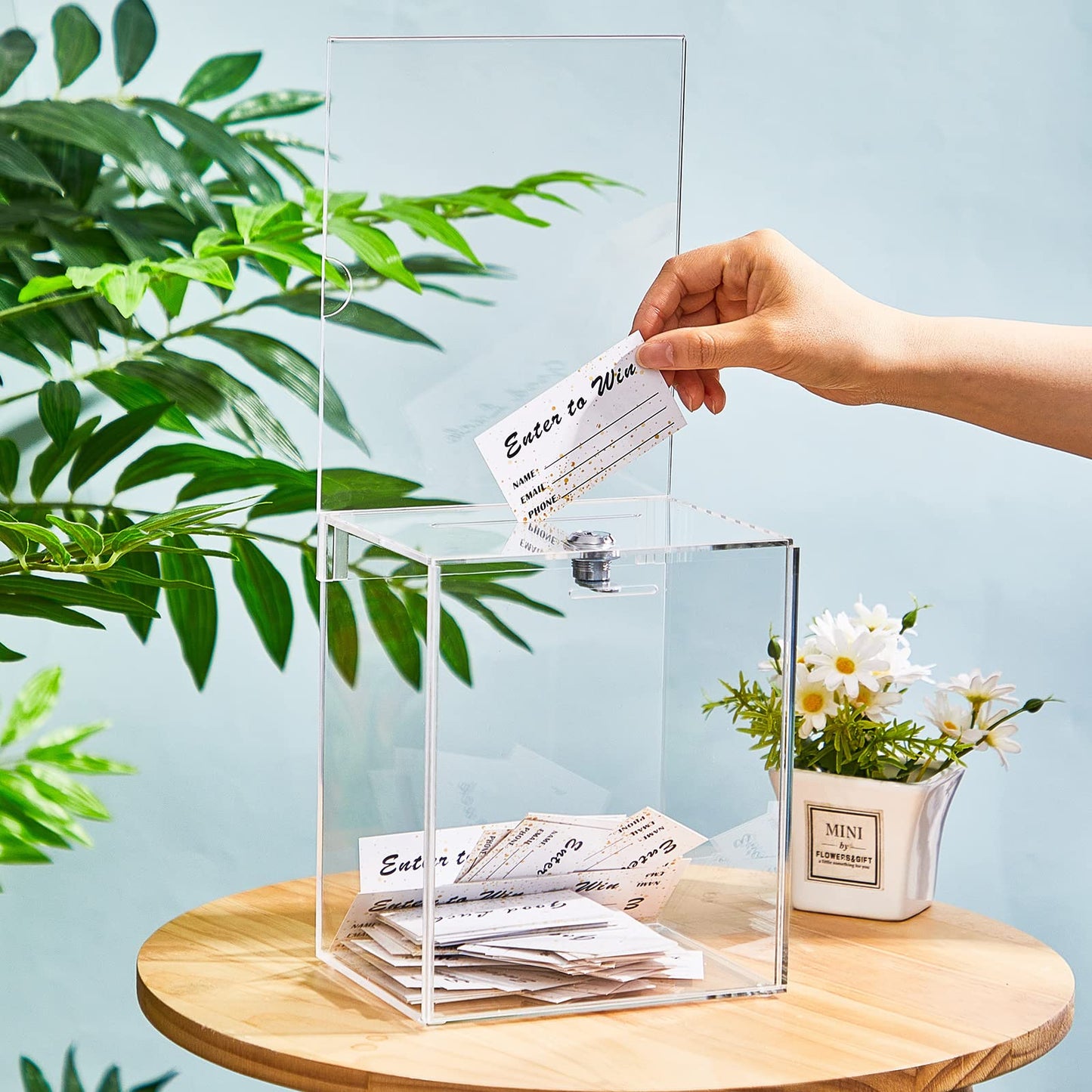 Teling Tall Acrylic Donation Box with Lock and Sign Plate Safe Suggestion Box with 100pcs Raffle Tickets Cards for Raffle, Money, Voting, Charity, Suggestion (Transparent,6.7 x 5 x 8 Inch)