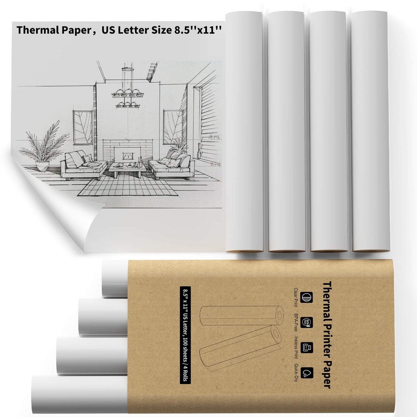 Thermal Paper Roll,Multipurpose Thermal Paper,US Letter Paper 8.5 x 11 Inch,Advance Thermal Printing,NefLaca Thermal Roll Paper Compatible with M08F, Gloryang, Jadens, Munbyn Portable Printer.4 Roll