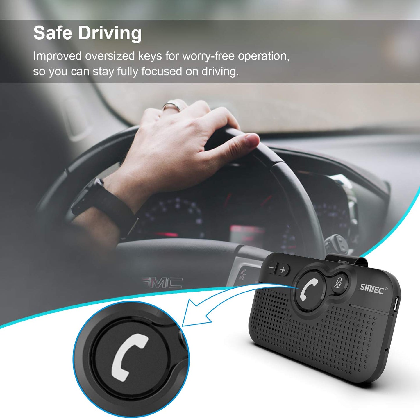 SUNITEC Hands Free Bluetooth for Cell Phone Car Kit, AUTO Power ON Bluetooth Phone Speaker for Car, Support Siri Voice Assistant Wireless in-Car Speakerphone with Visor Clip - BC980SA