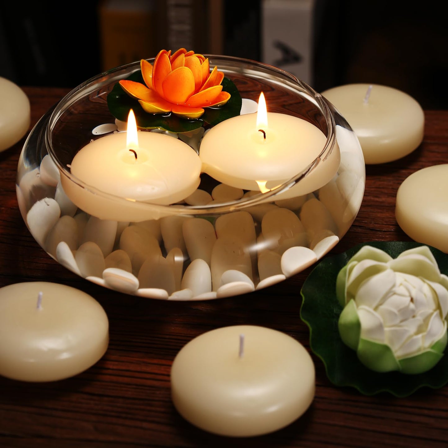 qinxiang 24 Pack Floating Candles, 3” Ivory Unscented Dripless Wax Burning Candles, for Cylinder Vases, Weddings, Party and Holiday