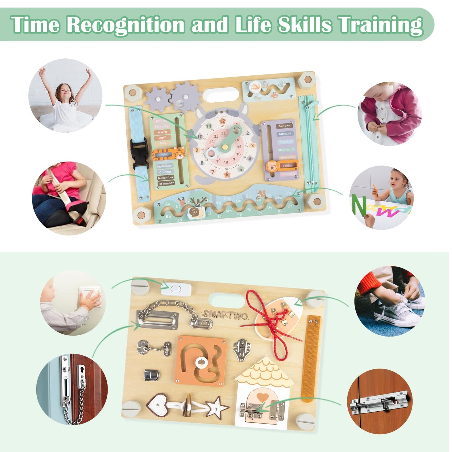 Smartwo Double-Sided Montessori Busy Board for Toddlers Sensory Activities, Educational Learning Toy Wooden for Kids Aging 3 to 5 Years Old, Ideal Choice for Baby Girls Boys Gift (Safari Theme)