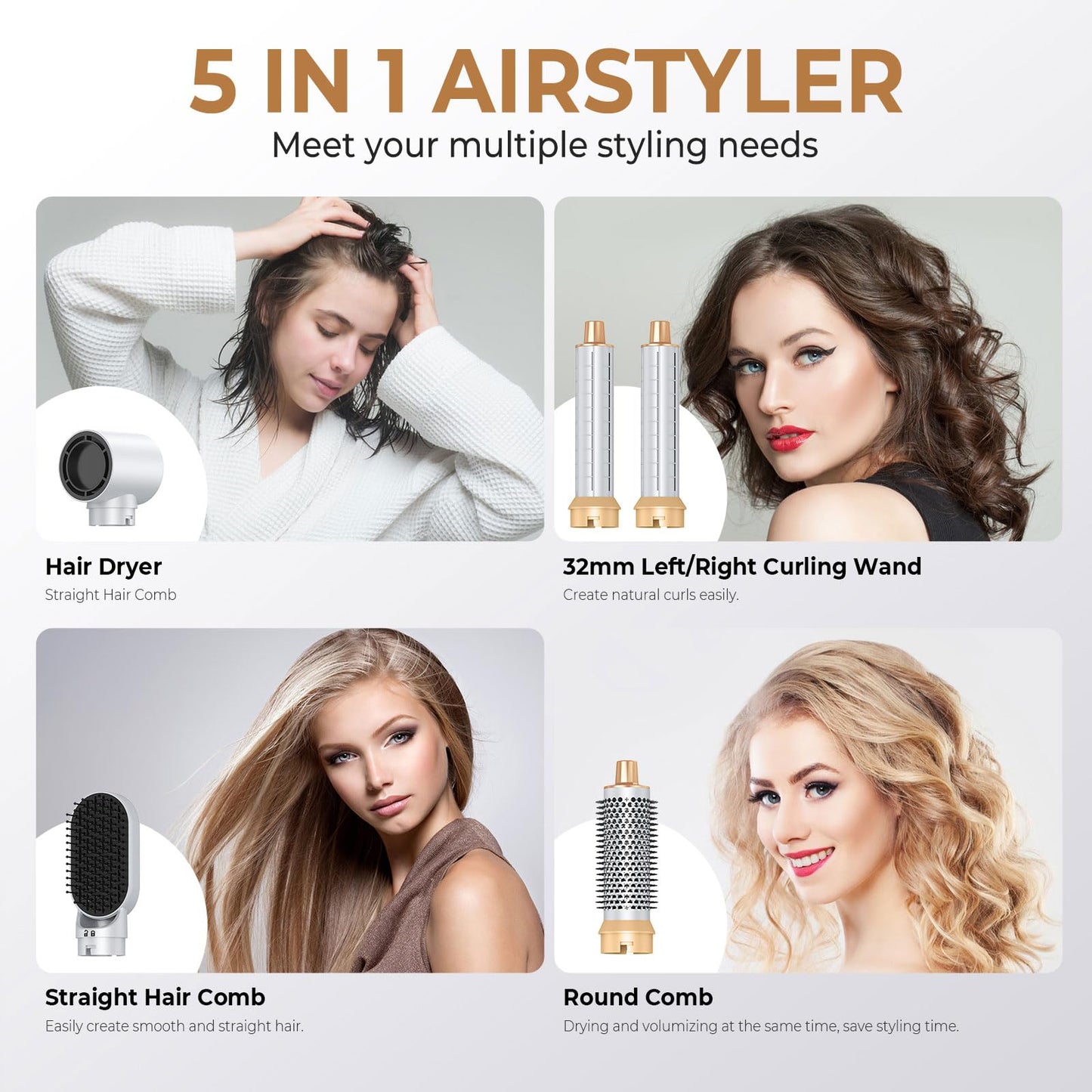 Blow Dryer Brush 5 in 1, Negative Ion Hair Dryer Brush Set Air Styler Curling Wrap Air Curler, Upgrade Hot Air Brush Curling Iron Hair Styling Tools As A Gift for Straight/Curl/Drying/Smoothing