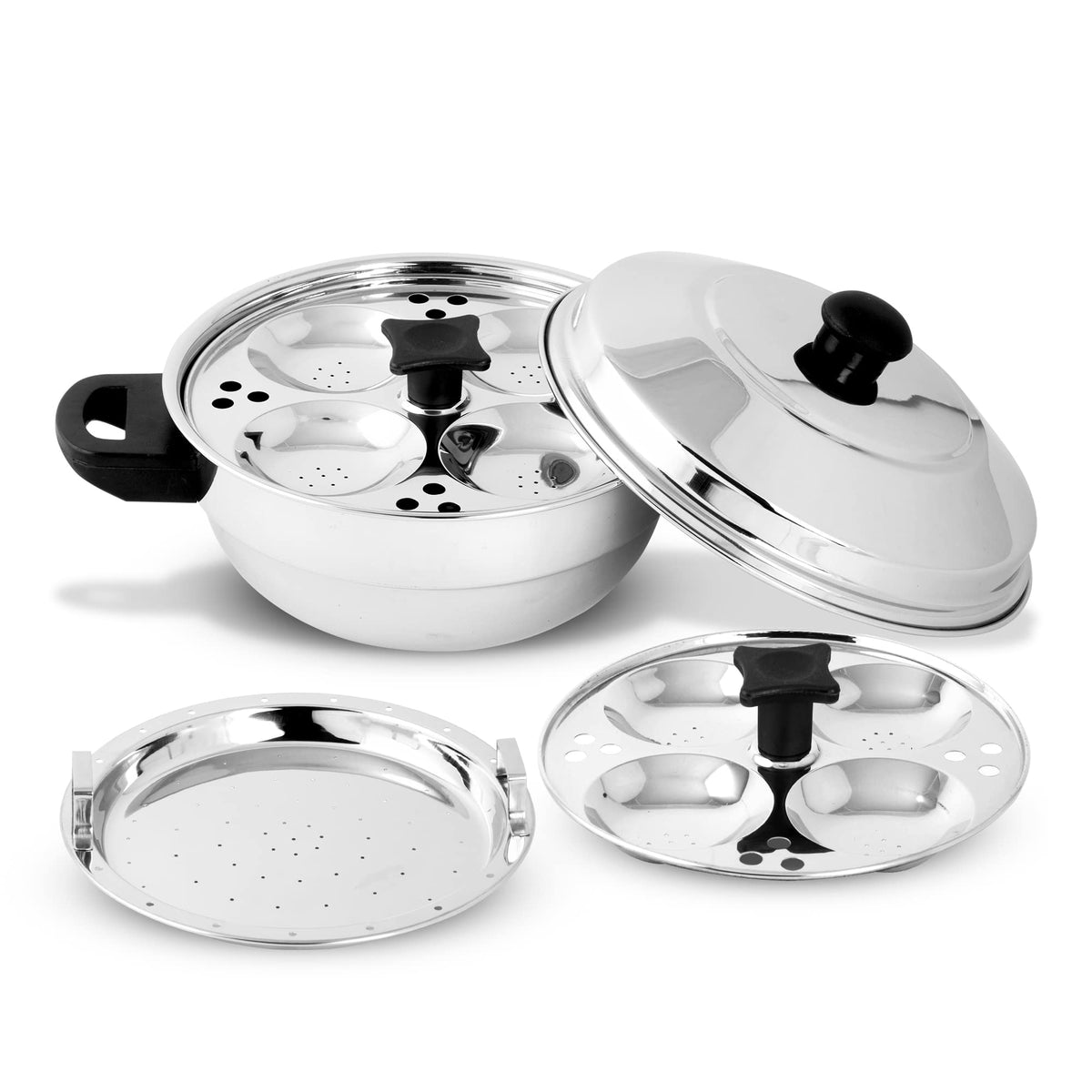 KSJONE Stainless Steel 4 pcs Multi Kadai (Induction Friendly) with Stainless Steel lid, 2 idli Plates (8 Idlis), 1 patra Plate, Silver