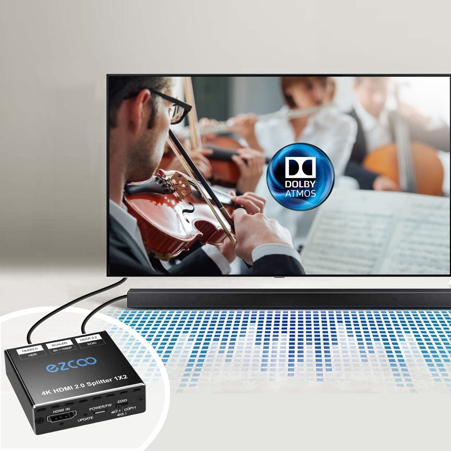 4K HDMI Splitter 1x2 HDR D-olby Vision Atmos - HDMI Down Scaler 1080P, EDID DIP Panel Switch Splitter 1 in 2 Out 4K 60Hz 4:4:4 HDCP2.2, Firmware Upgrade,USB Power,Mini SP12H2
