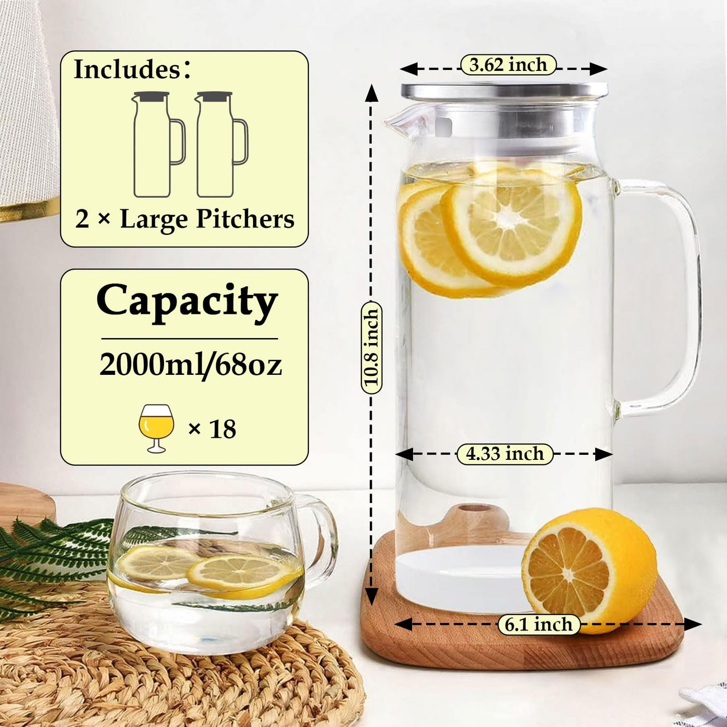 Wexlerey 2 Pack 2 Liter/68 oz Glass Pitcher with Lid and Spout,Wide Mouth Water Pitcher with Handle Heat Resistant,Glass Water Jug Carafe Juice Container for Hot/Cold Drink,Iced Tea,Milk,Coffee
