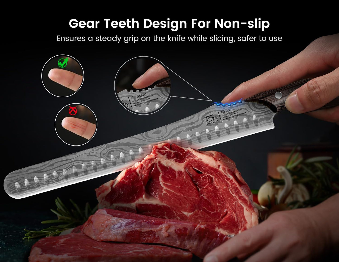 SYOKAMI Multifunction Carving Knife, 12 Inch High-Carbon Japanese Style Brisket Knife with Wood Handle, Damascus Pattern Full Tang Design, Razor-Sharp Slicing Knife for Meat Cutting with Gift Box