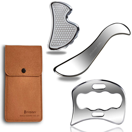 BYYDDIY 3 in 1 Stainless Steel Muscle Scraper Tools Set,Gua Sha Massage Scraper Scraping Tool & Multi-Function Body Scraping Kit