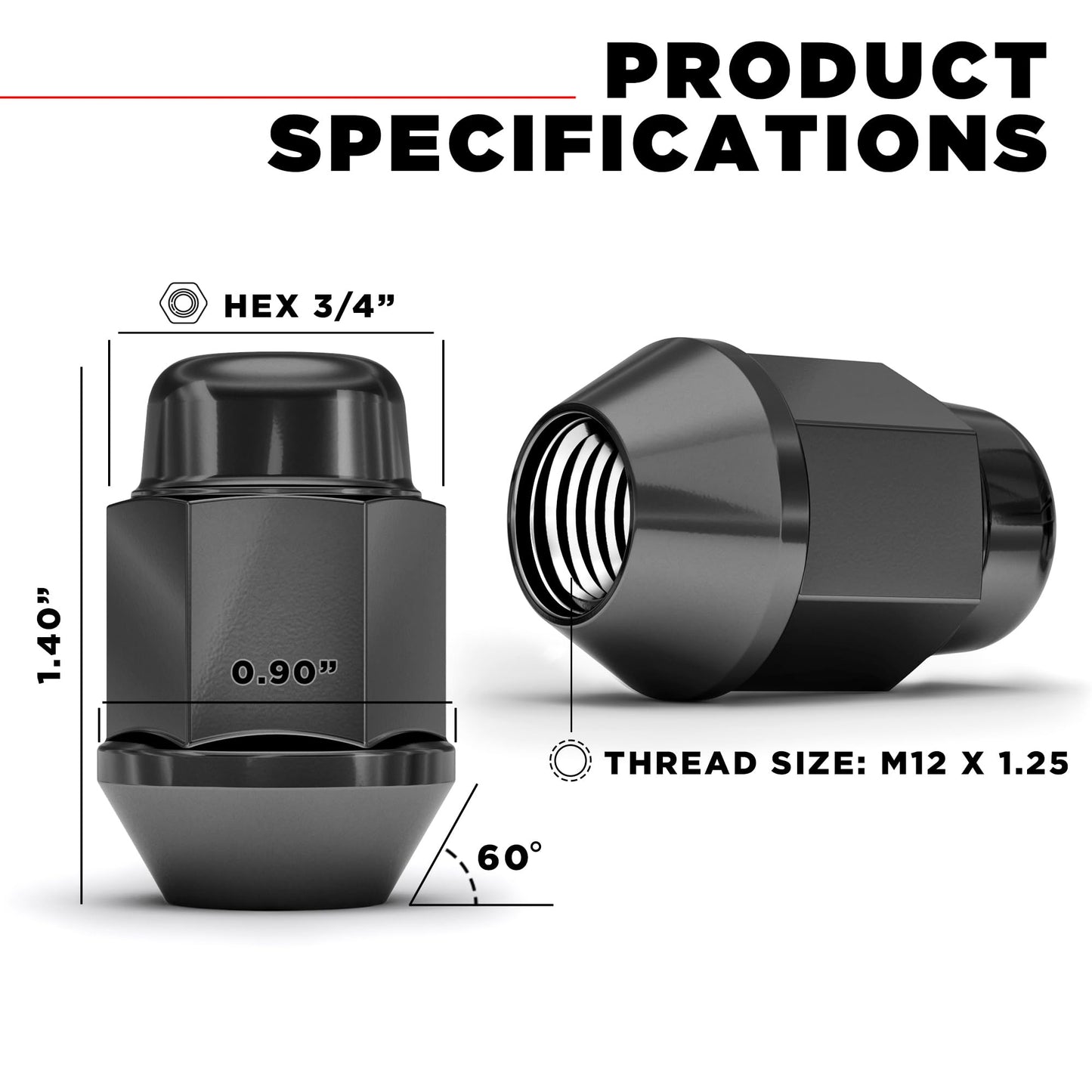 White Knight 1706SBK-20AM (Black Chrome) M12x1.25 Bulge Acorn Lug Nut, 20 Pack