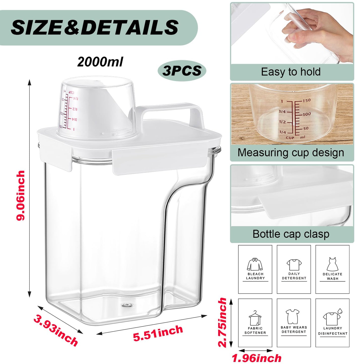 Tatuo 3 Pack Laundry Detergent Dispenser 68 oz Clear Liquid Container with 6 Removable Labels, Fabric Softener Pet Plastic Detergent Dispenser for Laundry Room Organization and Storage